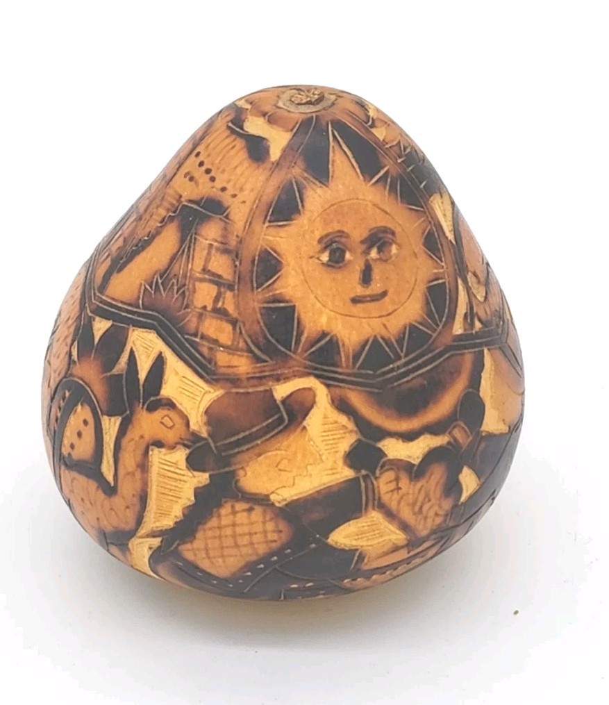 Hand Carved Peruvian Folk Art Gourd Sun Moon People Animals 3"
