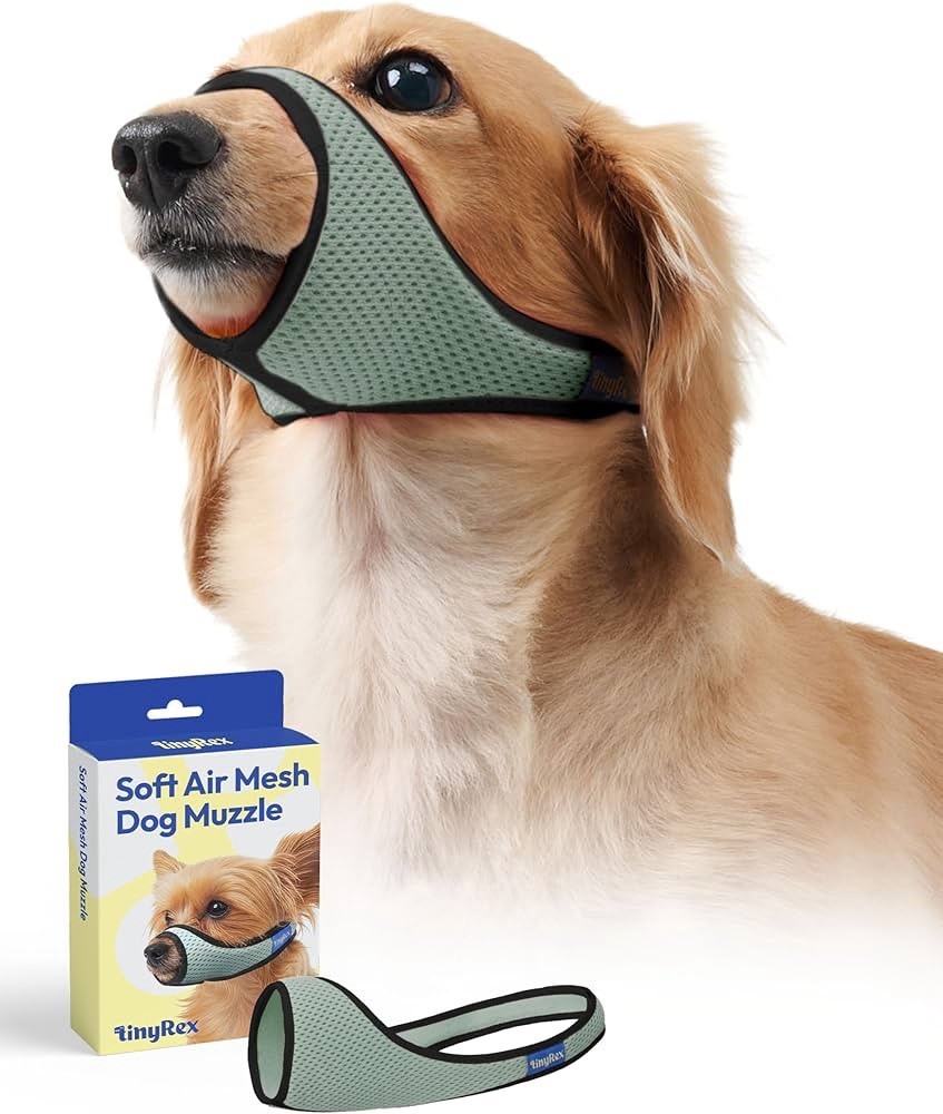 Small Dog Muzzle Grey Green – Soft Breathable Mesh Adjustable, 4.3” x 0.8”