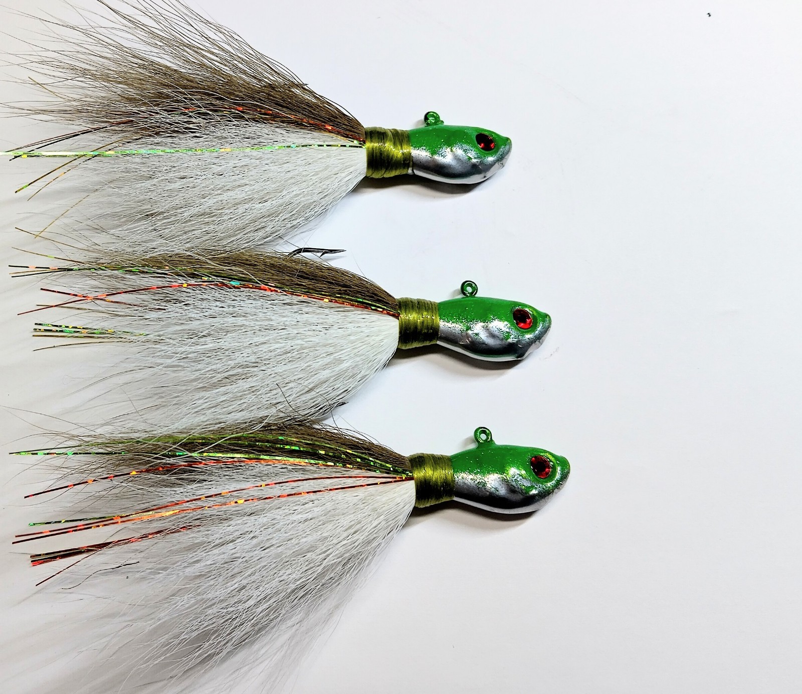 3 Green And White Goblin - Bucktail Hair Jigs 1/2 oz for Walleye, Bass, Northern