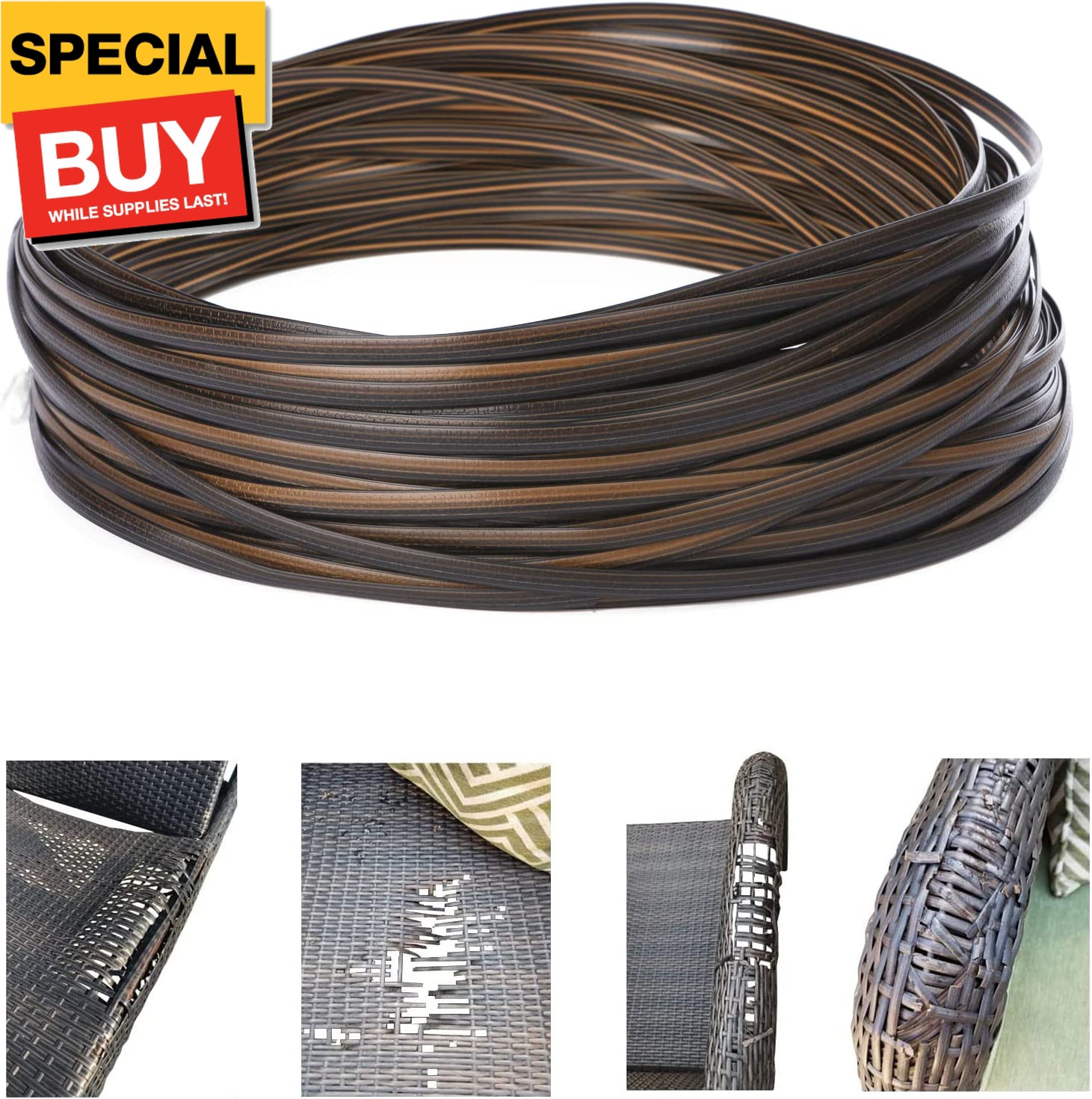 120Ft Wicker Repair Supplies, Two-Tone Gradient Dark Brown with Light Brown Stri