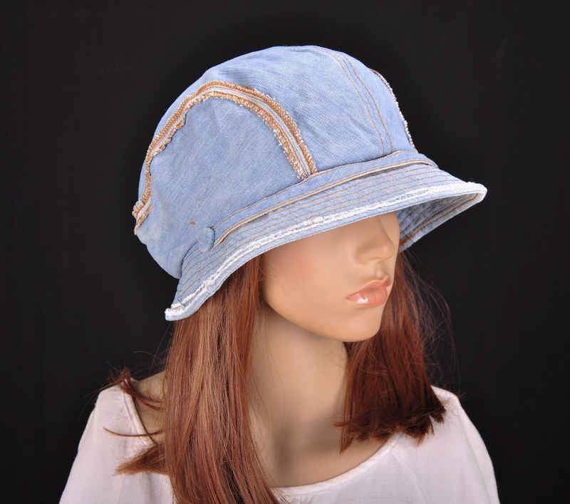 M196 Blue Nice Stripes Jeans Cotton Sun Hat Brim Cap Bucket Summer Women's NWT