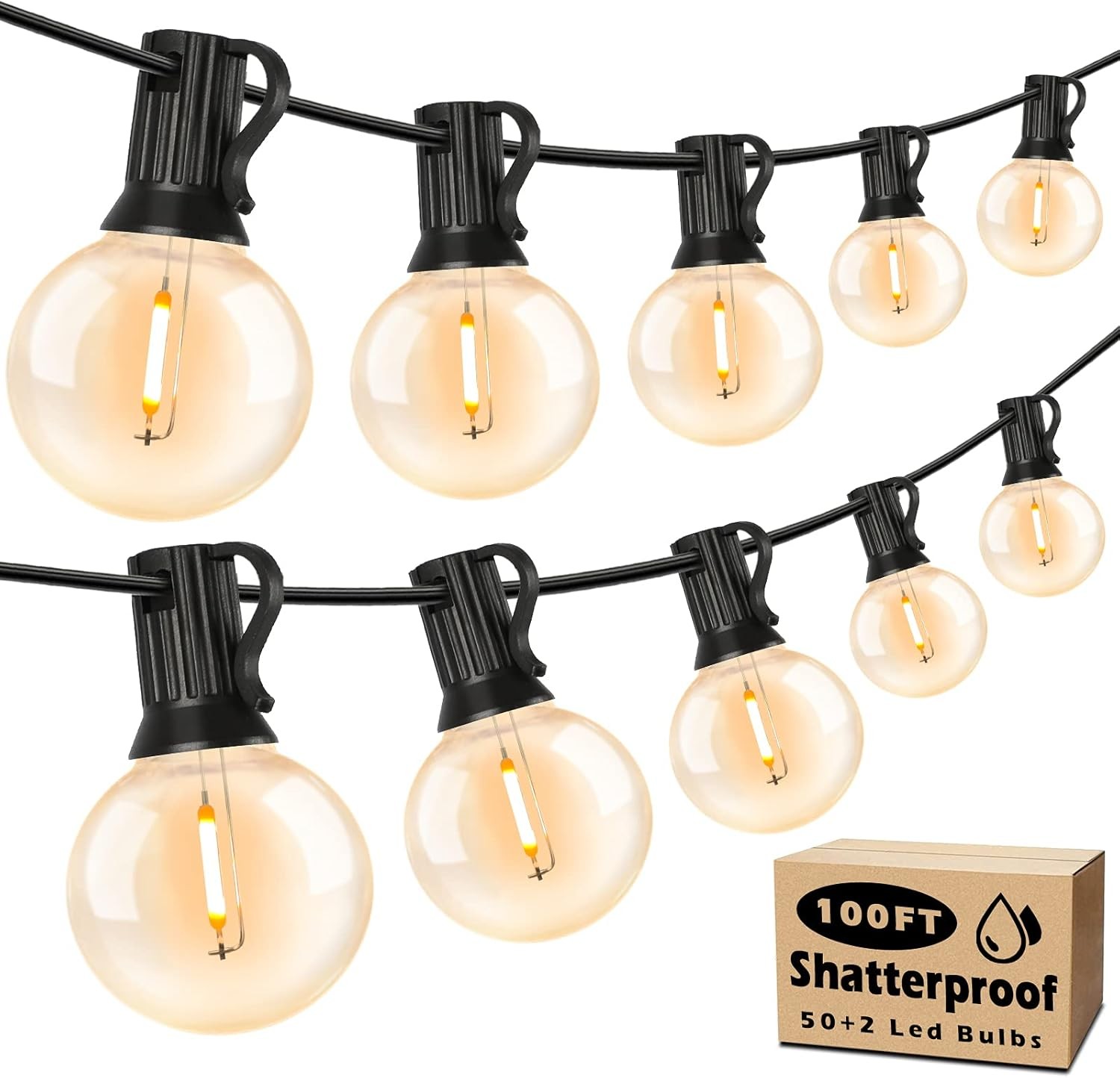 Brightever LED Outdoor String Lights 100FT Patio with 52 100 FT, Black