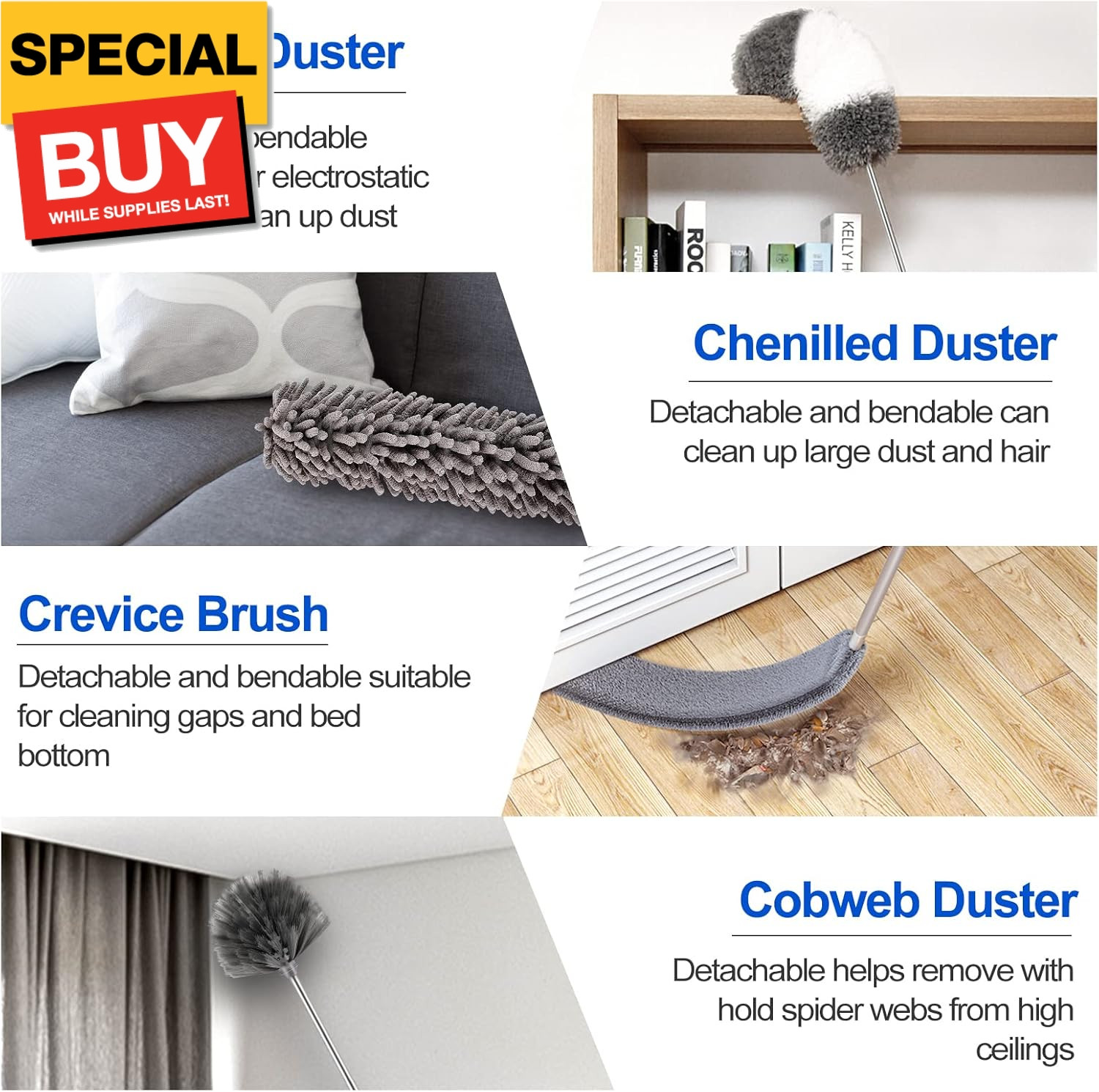 Microfiber Duster Kit (11PCS) - Washable Dusters with Extension Pole (30 to 100