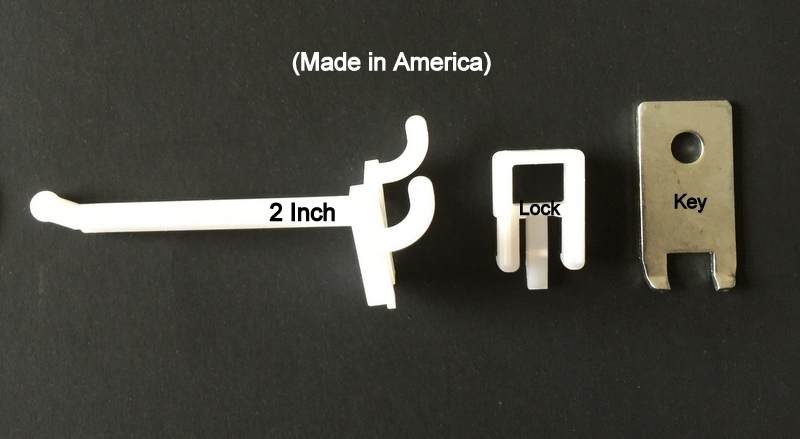 (100 PACK) 2 Inch Locking White Plastic Pegboard Peg Hooks (100 Locks, 6 Keys)