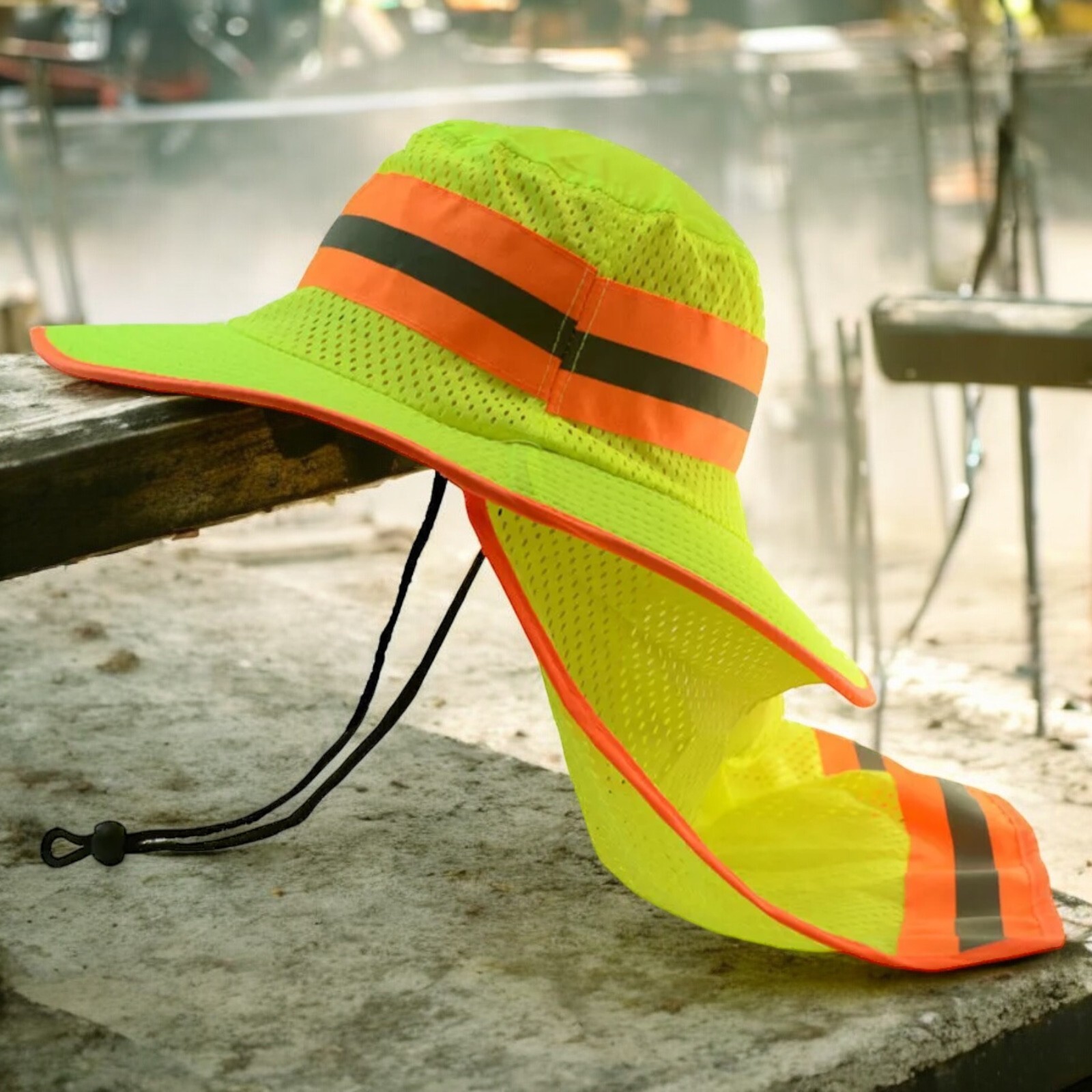 Hi-Vis Reflective Safety Boonie Hat, Green, Wide Brim, Neck Flap