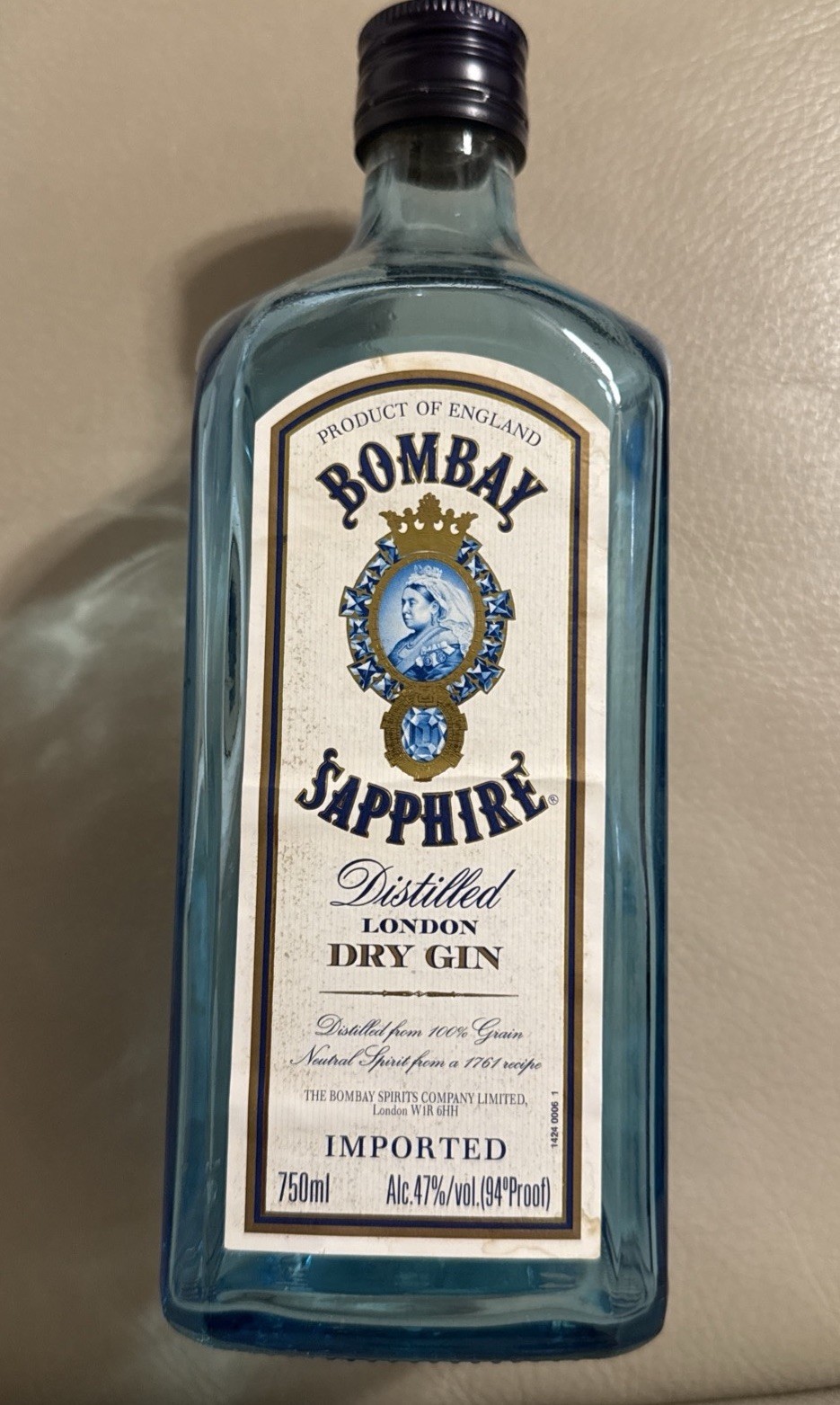 Bombay Sapphire London Dry Gin Blue Glass Empty Bottle 750ml Product of England