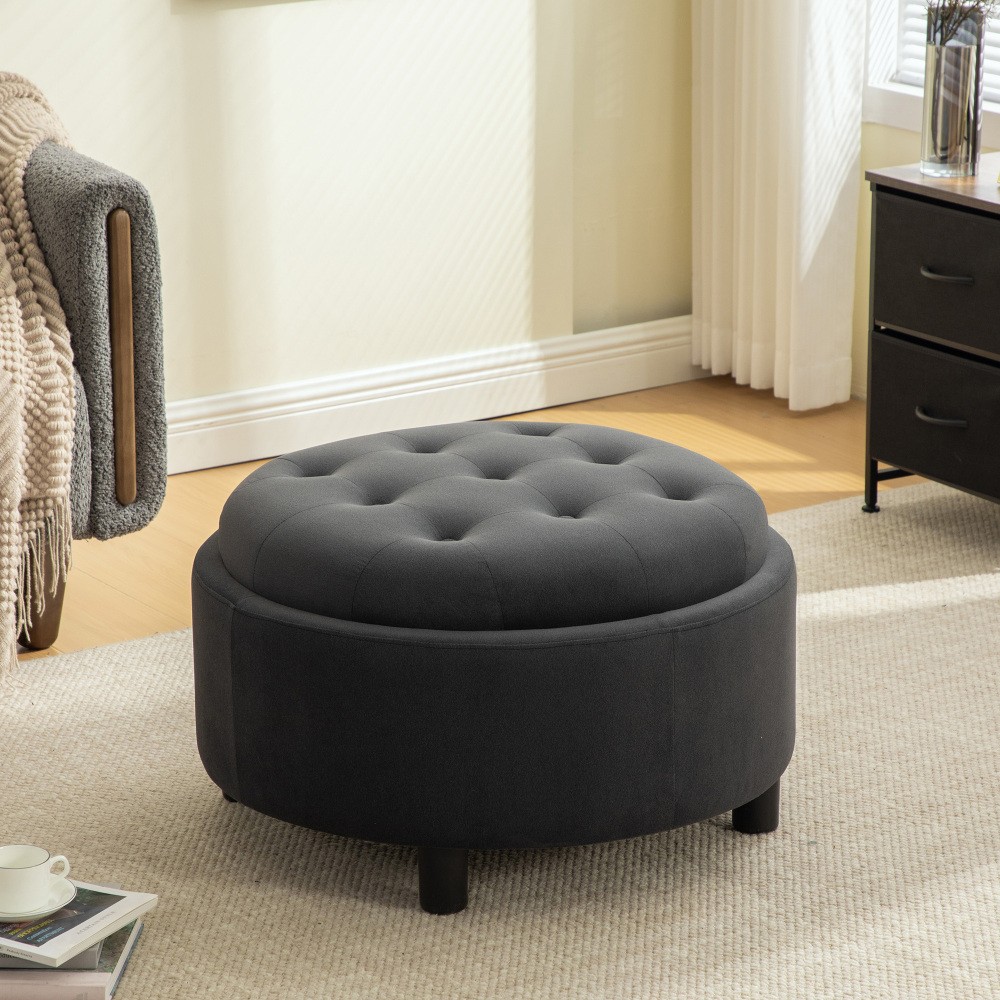 29.33inUpholstered Round Ottoman With Reversible Lid Fleece Fabric Storage Stool