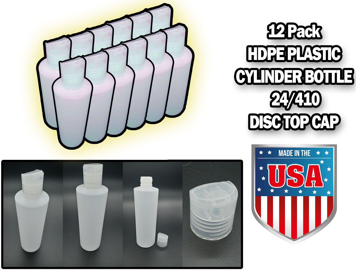 12 PK 8 oz. HDPE Plastic Cylinder Bottle With 24/410 Disc Cap Made In USA