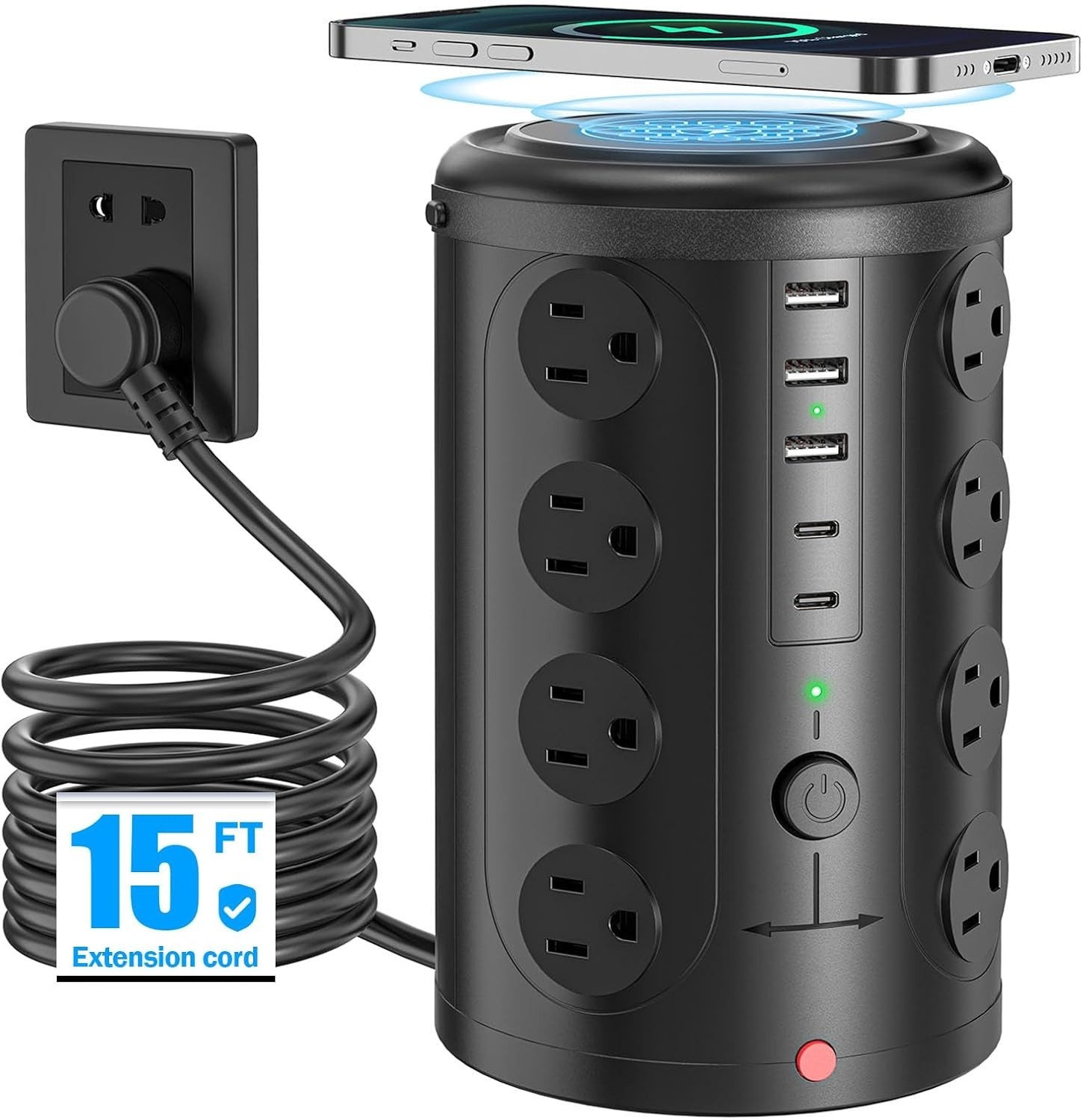 Tower Power Strip with 15W Wireless Charger, 15FT Extension Cord with Multiple O
