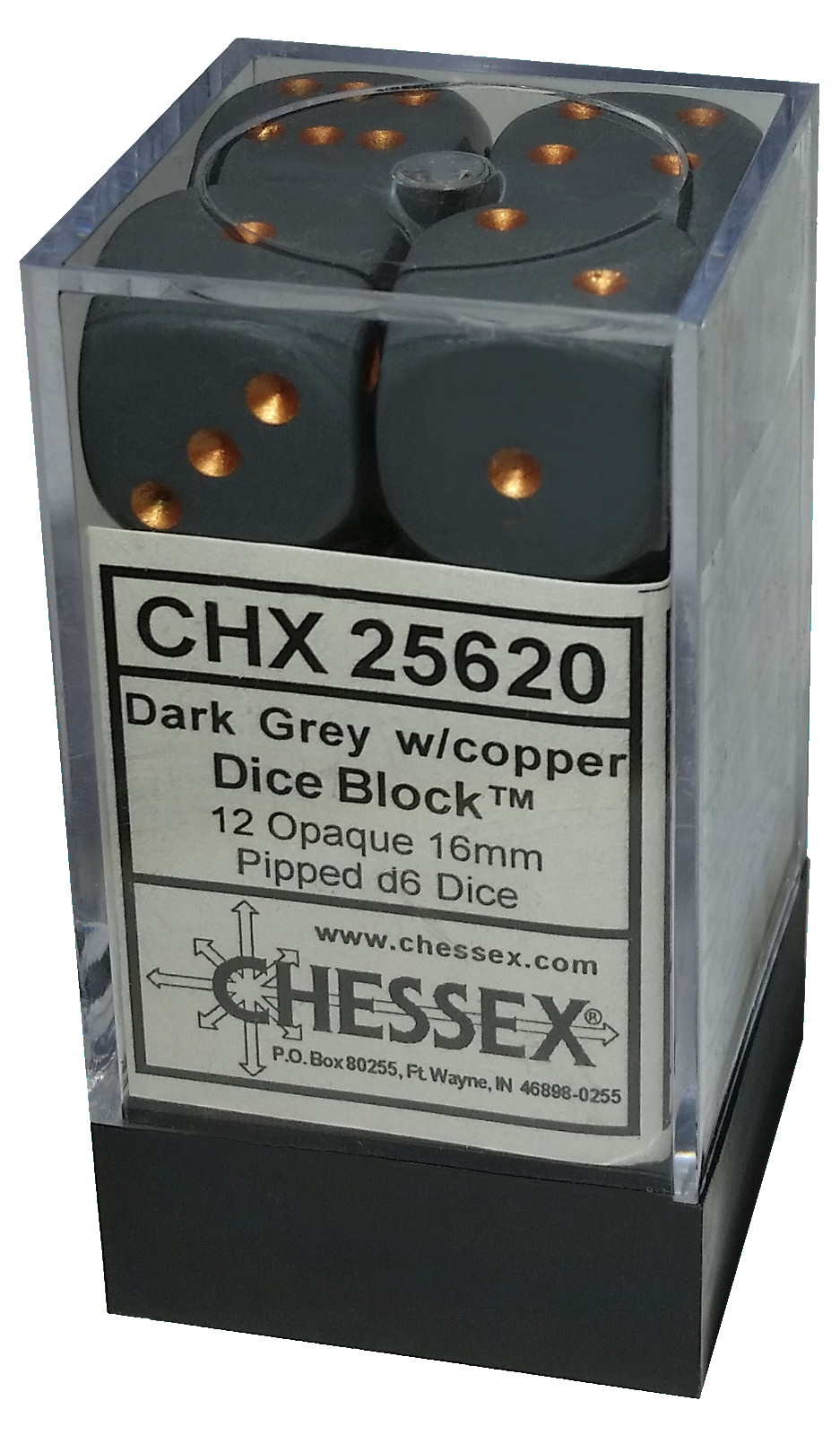 Chessex 12 die set Opaque Dark Grey with Copper New dice d6 16mm block CHX25620