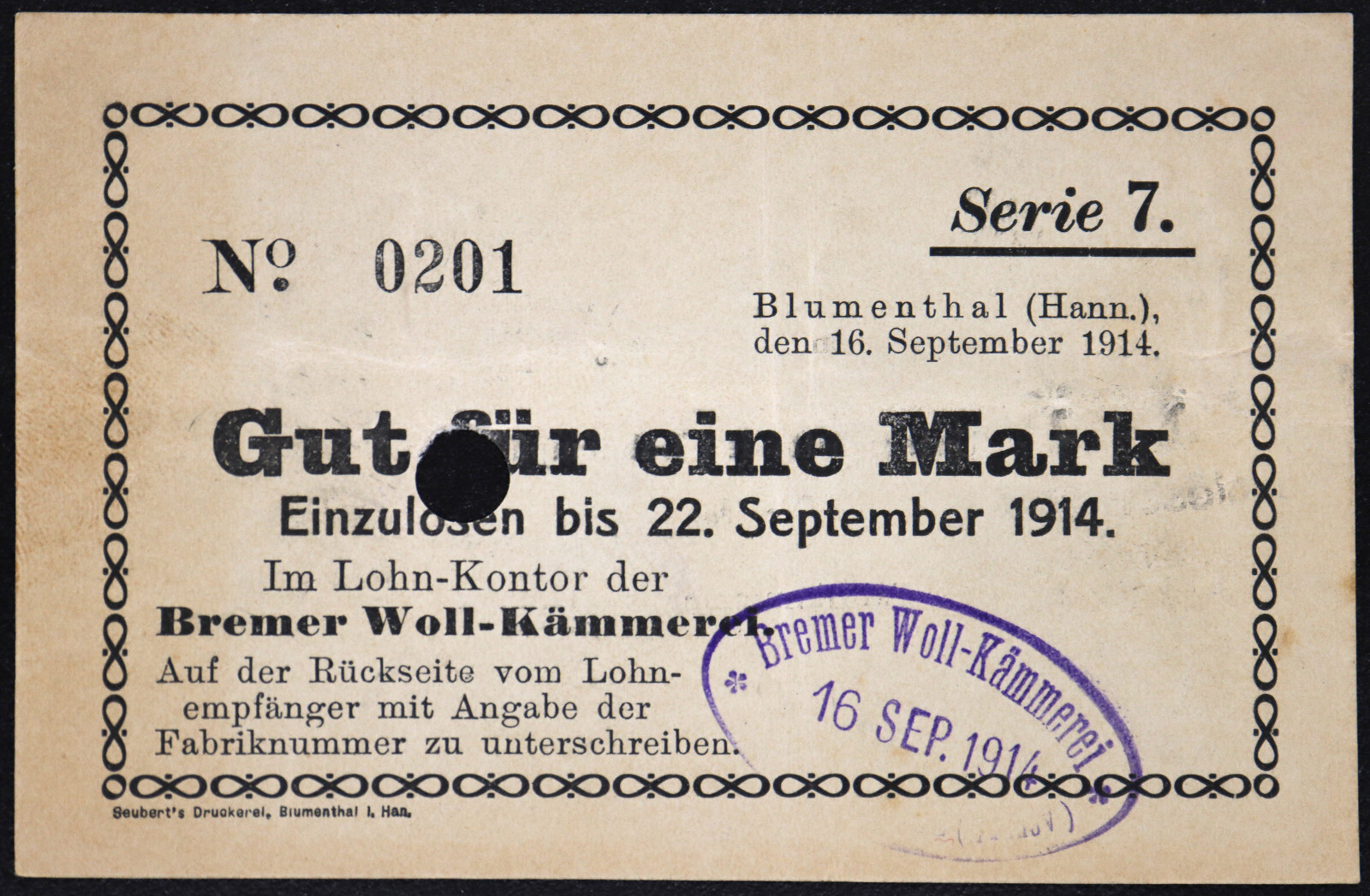 BLUMENTHAL 1914 "Bremer Woll-Kämmerei" 1 Mark Series 7 WWI German Notgeld