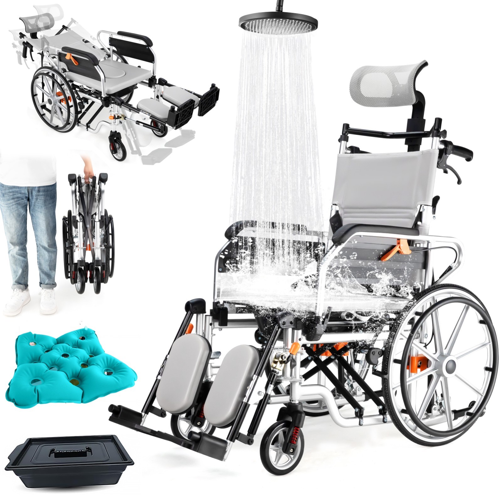 3-in-1 Multi-Nursing Wheelchair, Foldable Transport Wheelchair, Support 265 lbs