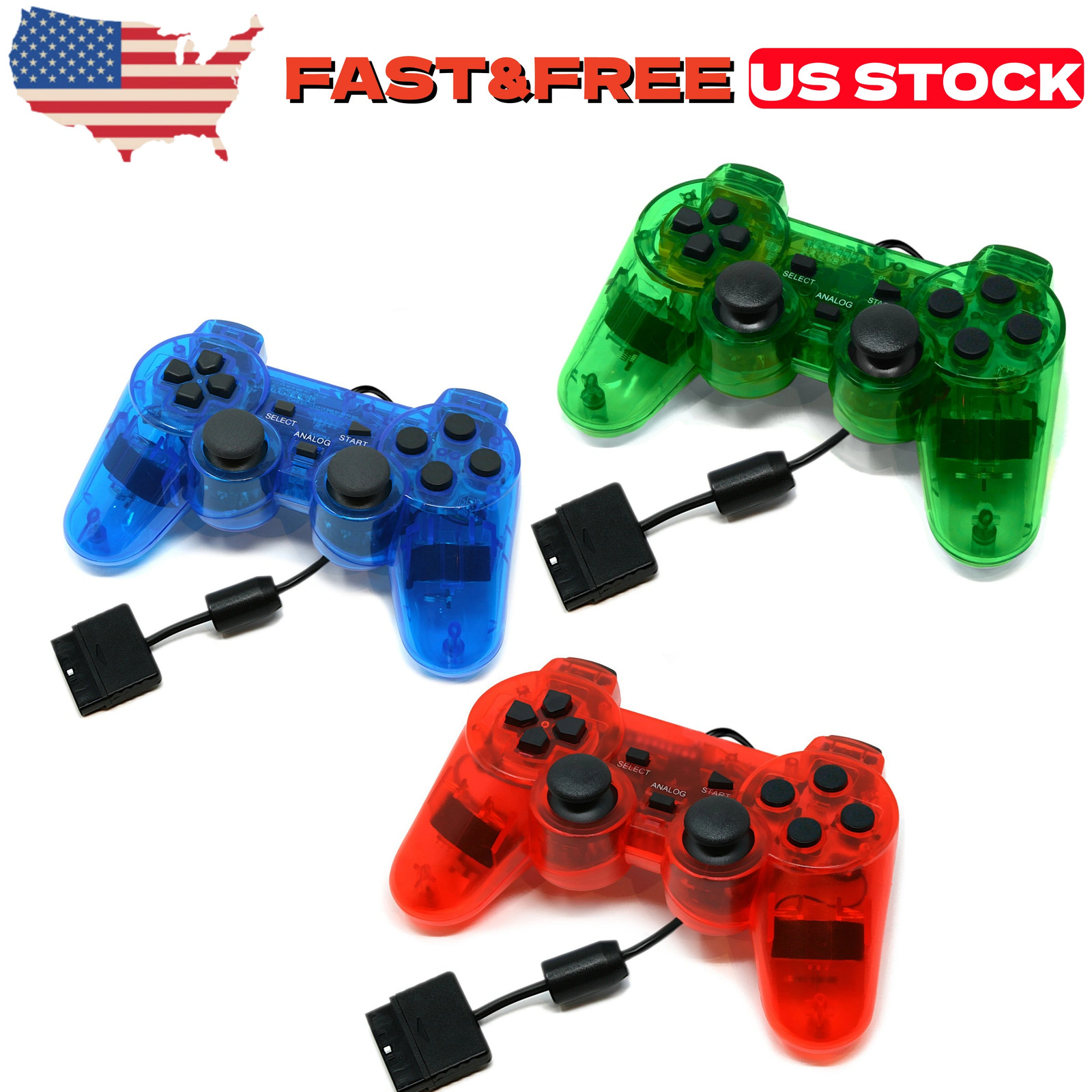 A Set of 1 Controller Fit For PlayStation PS2 Wired Blue Red Green US