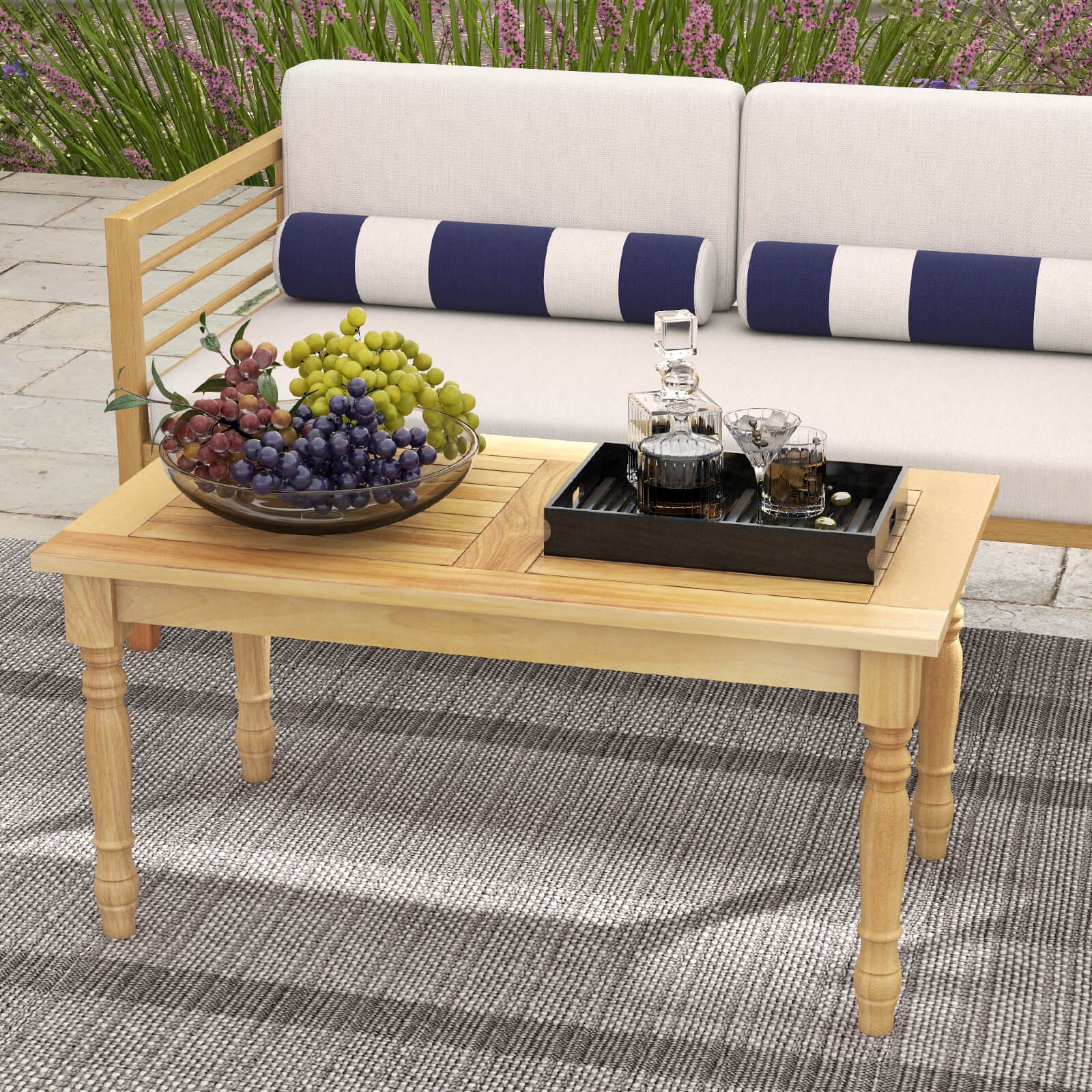 Patio Coffee Table with Solid Teak Wood Structure Slatted Tabletop for Backyard