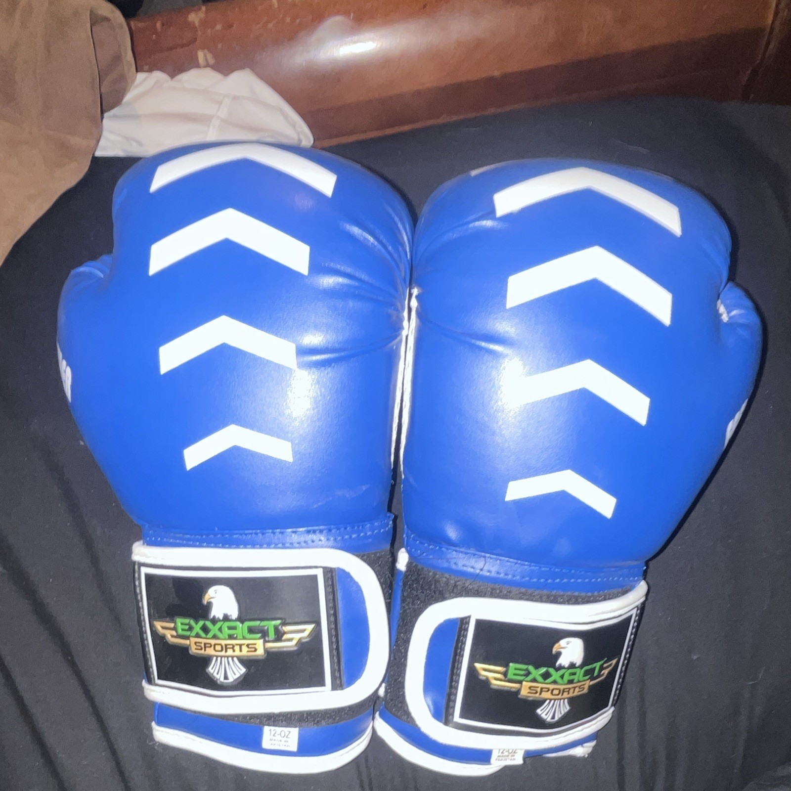 12oz Exxact Leather Boxing Gloves for Men Blue and White Color