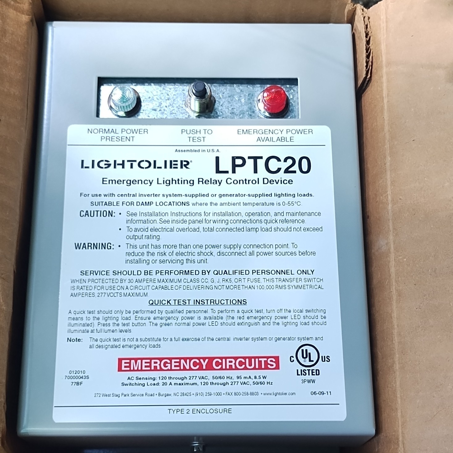 Lightolier LPTC20 Emergency Lighting Relay Control Device 120V 20A Push to Test