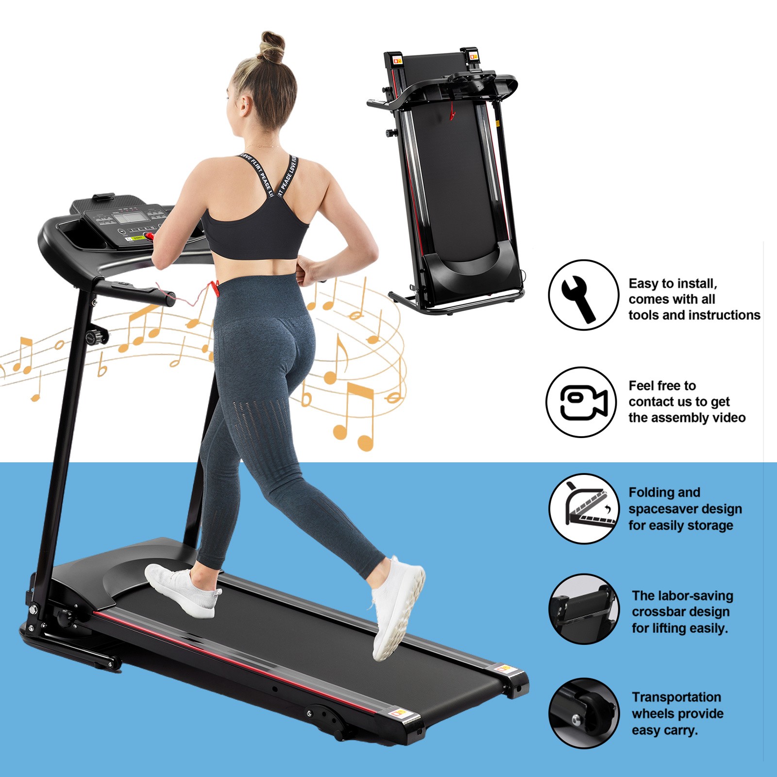2024 Treadmill Electric Running Fitness Jogging Machine 3-Level Incline Home7M8U