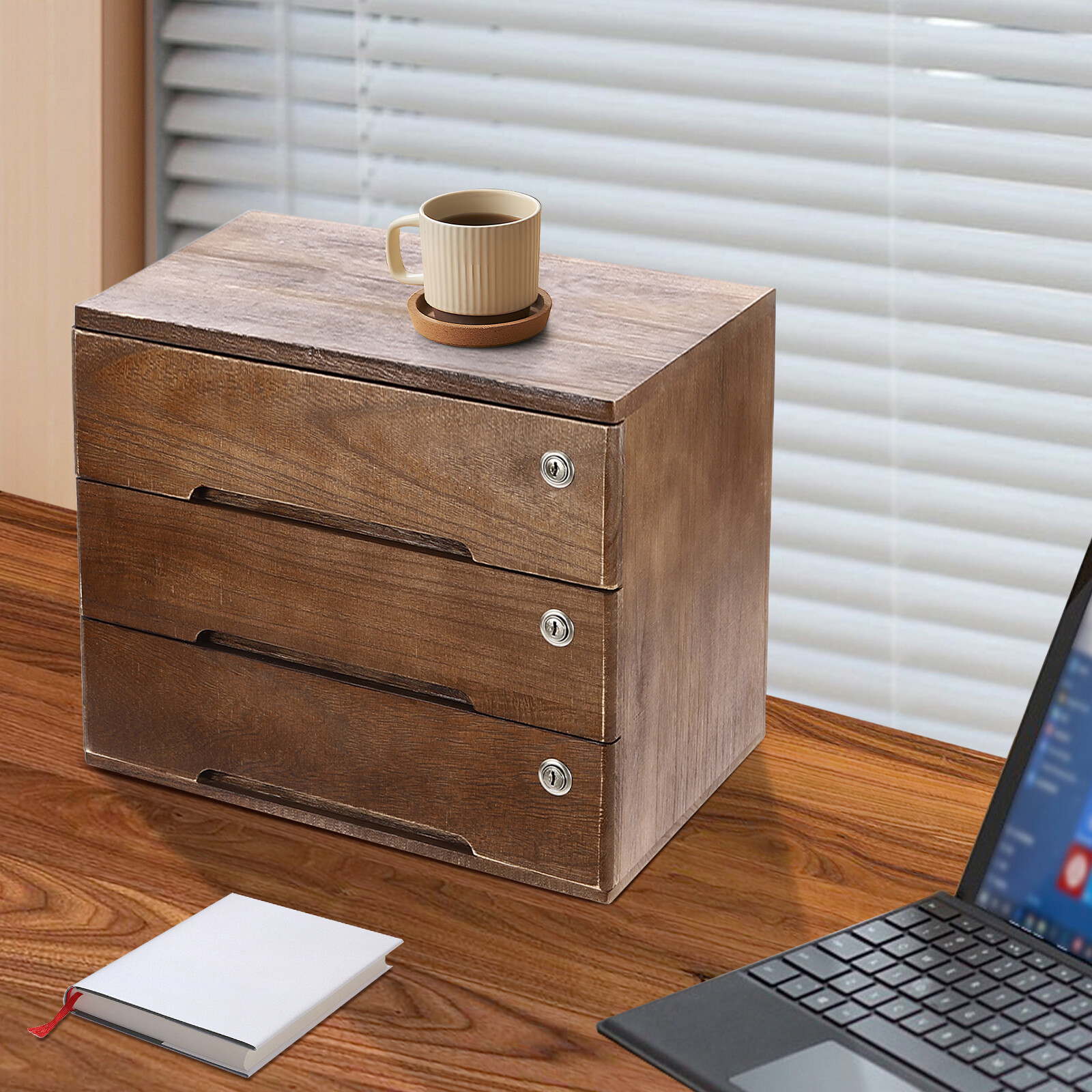 Walnut Desktop Storage Cabinet with 3 Lockable Drawers for Organized Workspaces