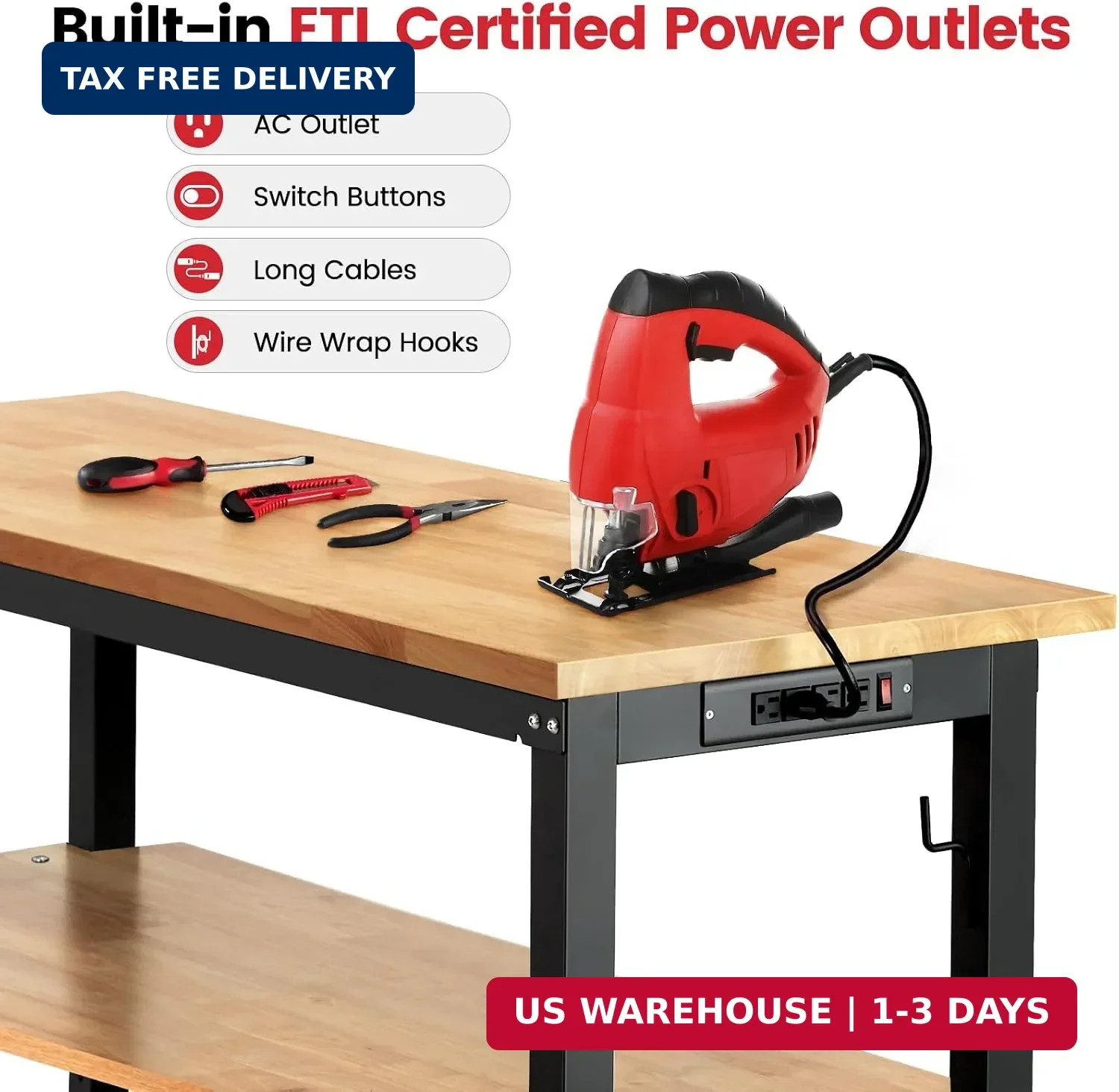60" Heavy Duty Workbench, Adjustable Height Garage Work Bench with Solid Rubberw