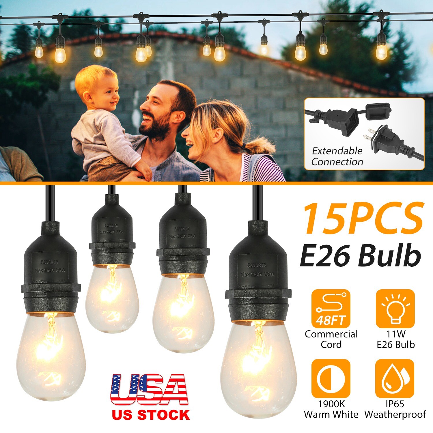 48FT Outdoor String Light Patio Vintage Edison Bulbs Hanging Socket Waterproof