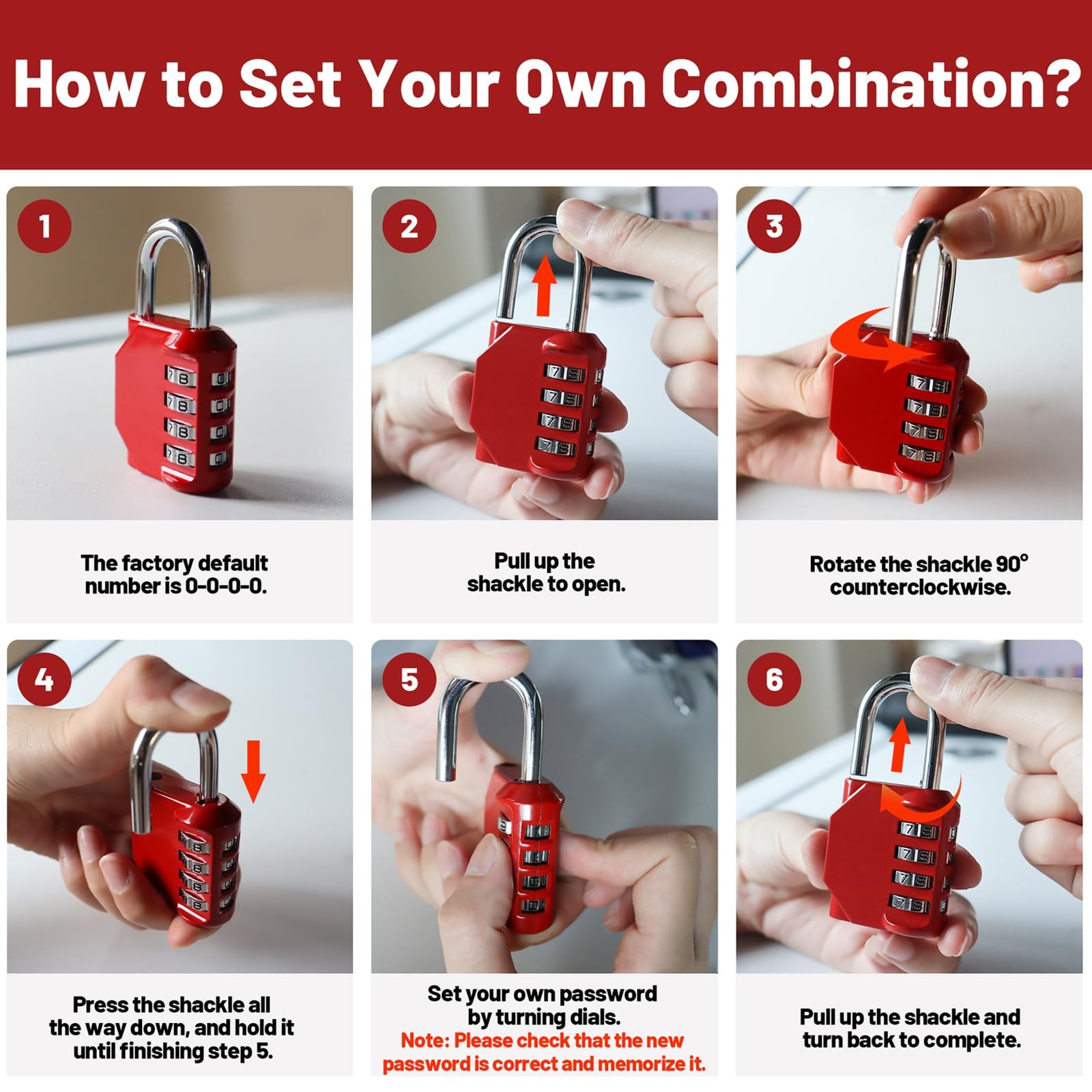 Combination Lock 4 Digit, Resettable Locker Lock,Waterproof Metal Red