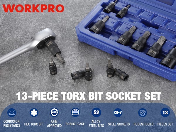 WORKPRO 13-Piece Hex Socket Set Socket Set 1/4"3/8"&1/2" Drive Allen Socket Set