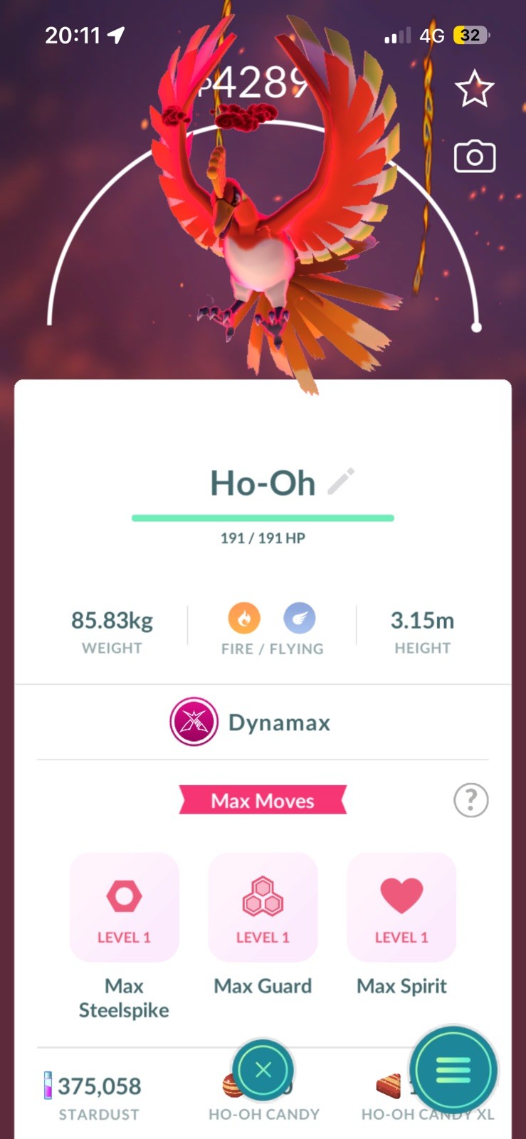 Pokémon Trade Go Level 50- Dynamax Ho-Oh With 3 Moves- Max Moves Unlocked