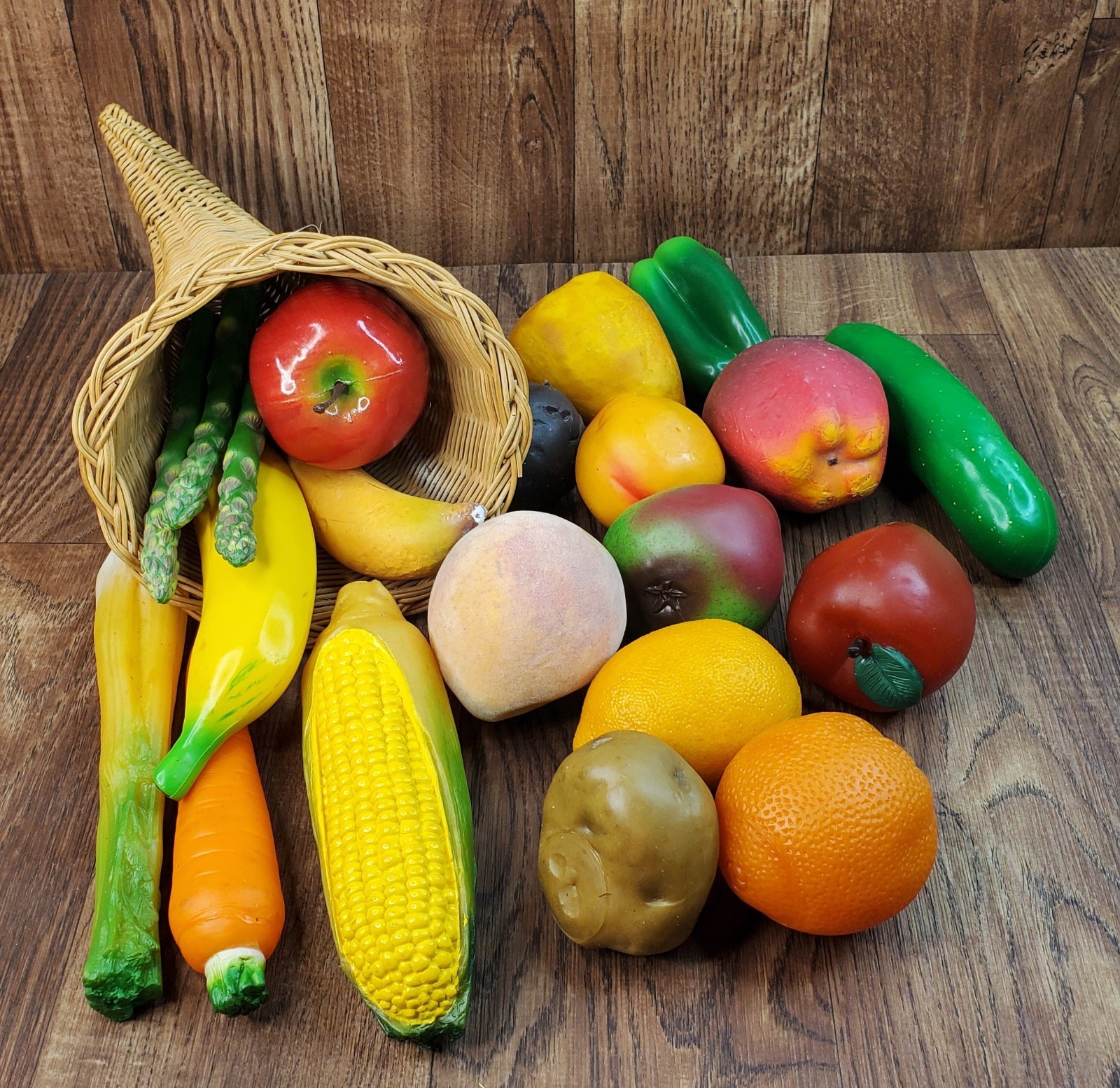 Cornucopia in Wicker Basket with Artificial Pretend Food