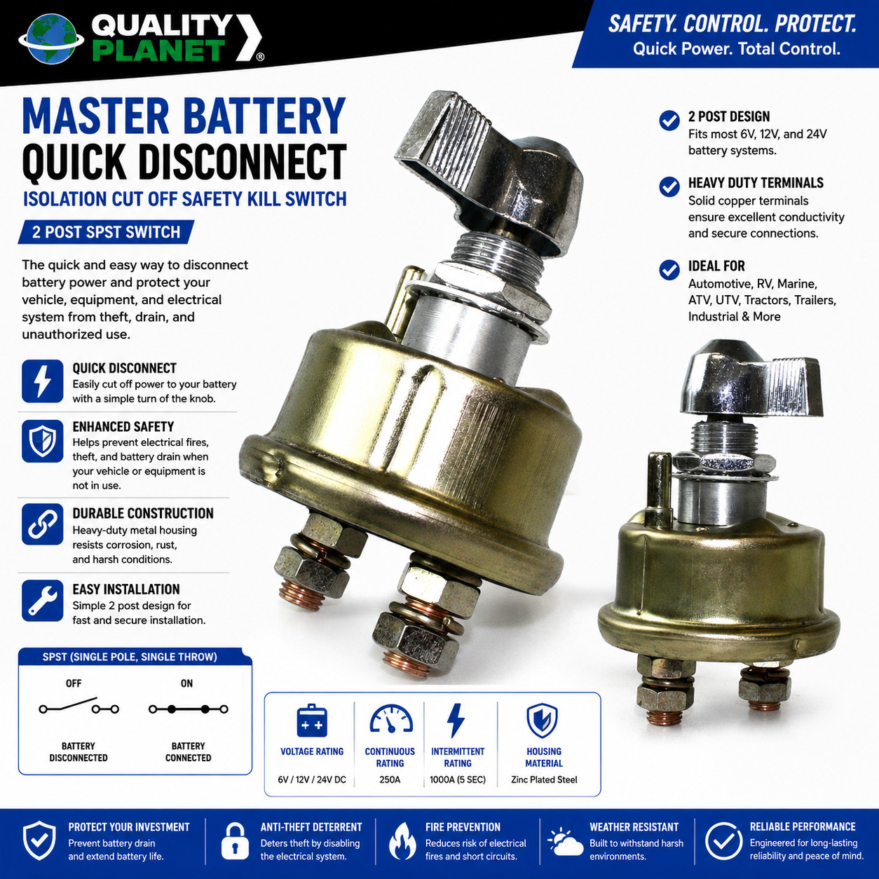 Master Battery Quick Disconnect Isolation Cut Off Safety Kill Switch 2 Post SPST
