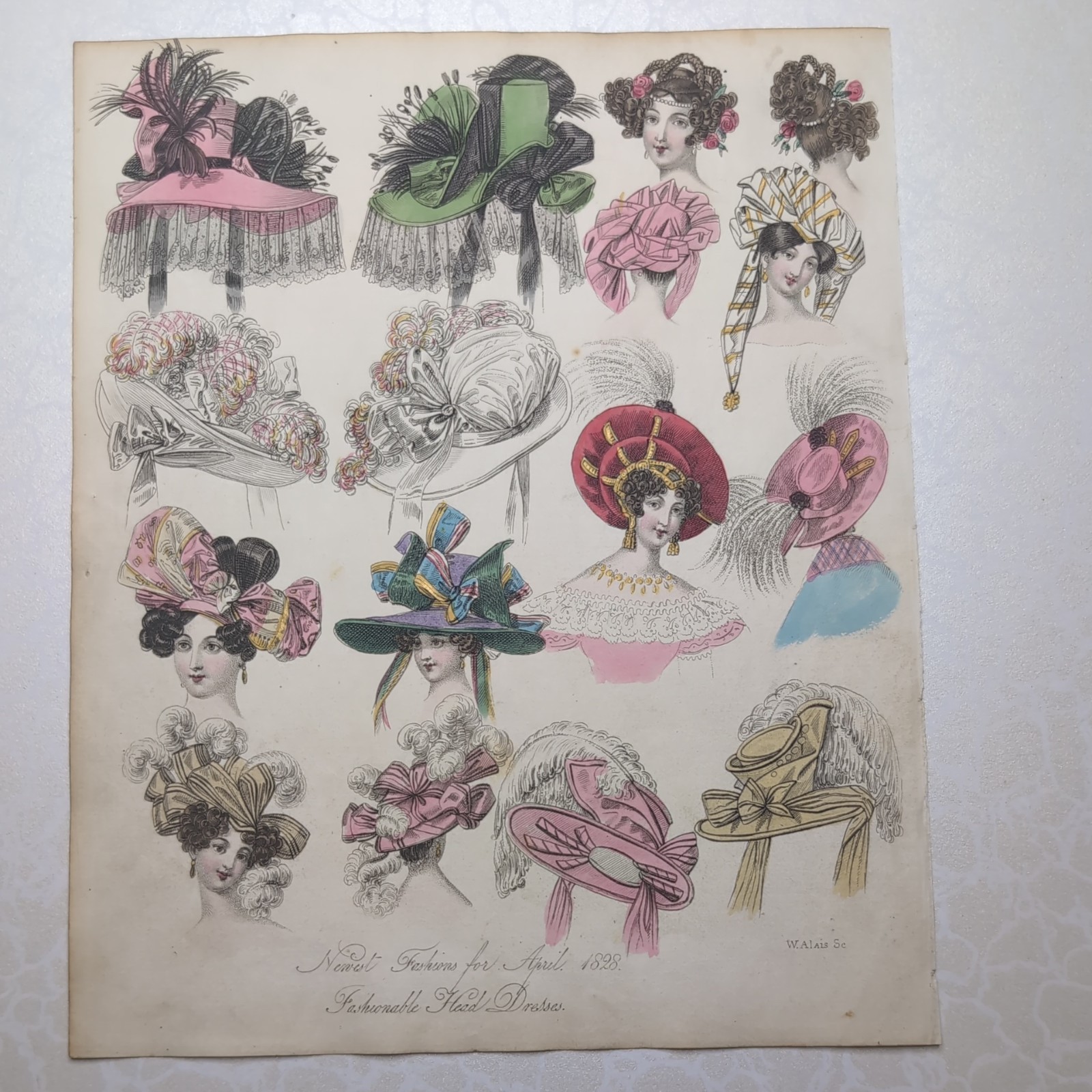 Original 1828 World Of Fashion Coloured Fashionable Head Dresses Feuilletons