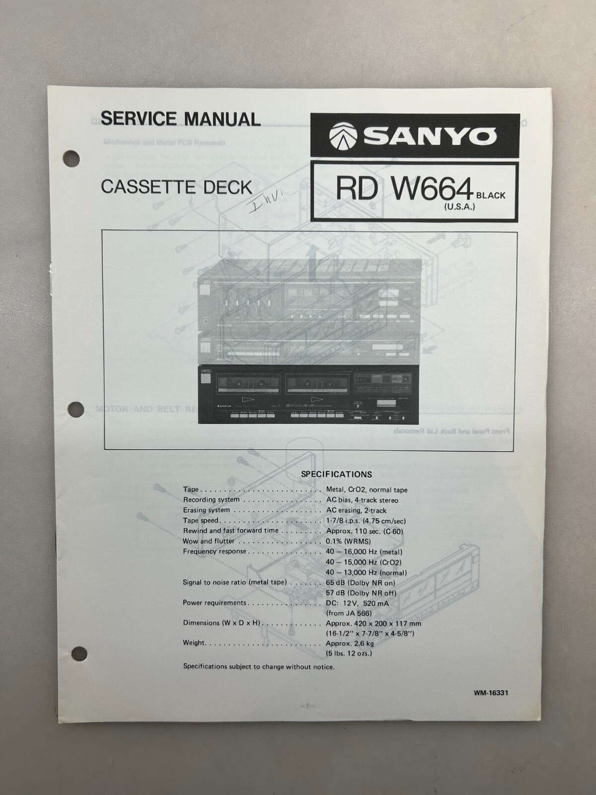 Sanyo RD W664 Original Service Manual Free Shipping
