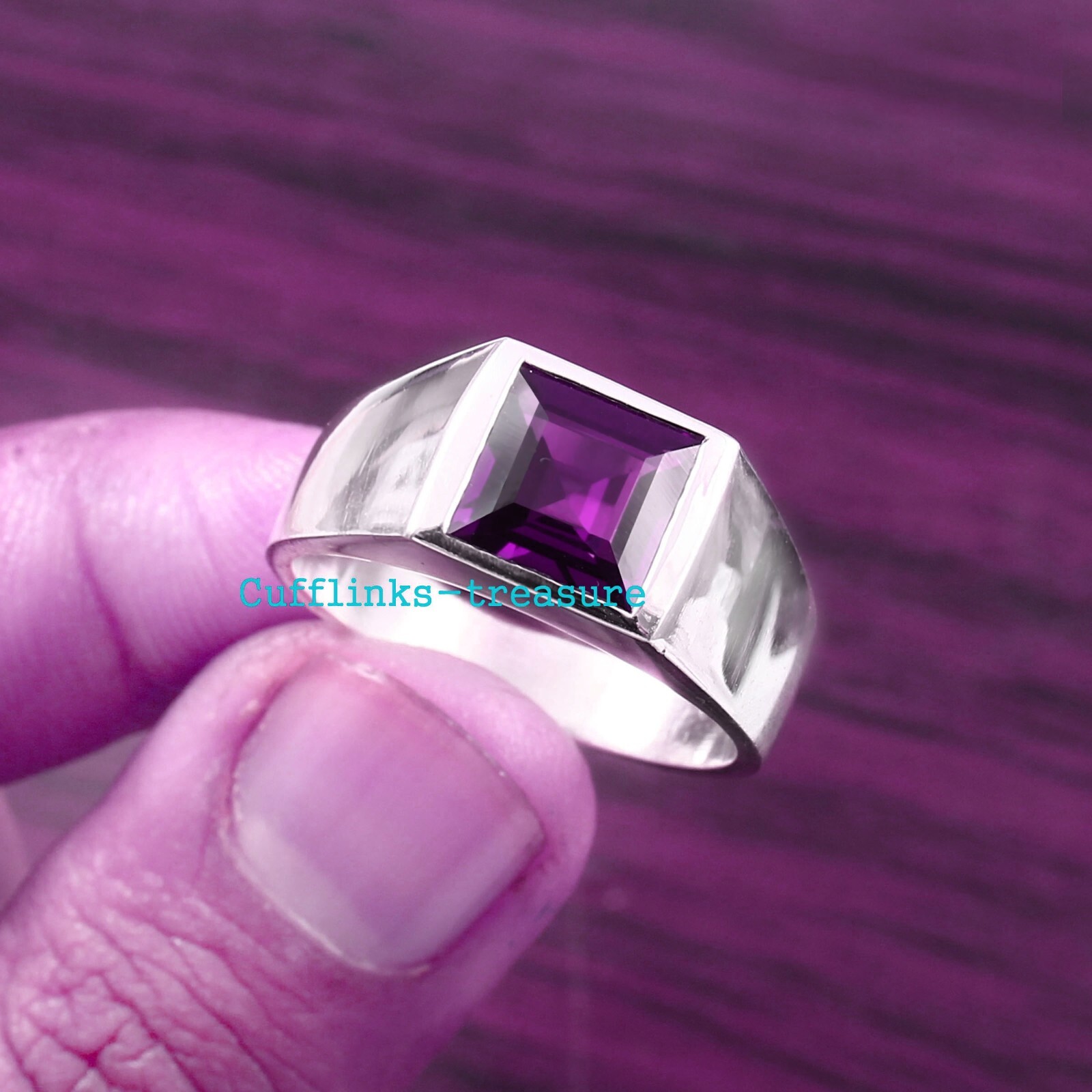 Natural Amethyst Gemstone with 925 sterling Silver Ring For Men's #455