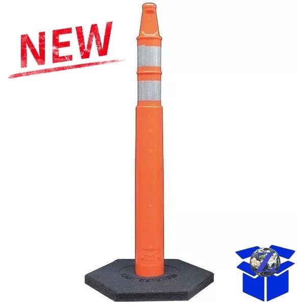 43" Orange Traffic Delineator Post Cone with Reflective Bands & Rubber Base NEW