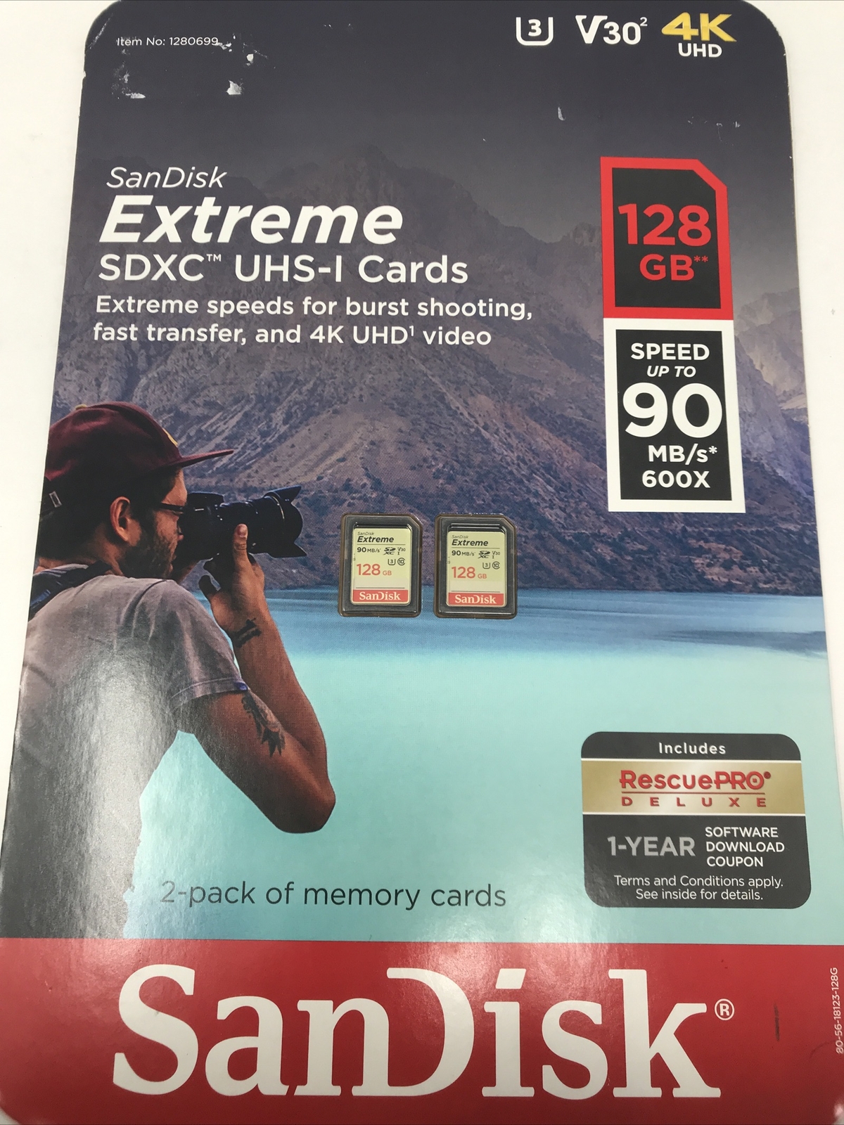 (2)SanDisk Extreme 128 GB SDXC memory card SD 128GB 90MB/s Class 10 + Rescue Pro