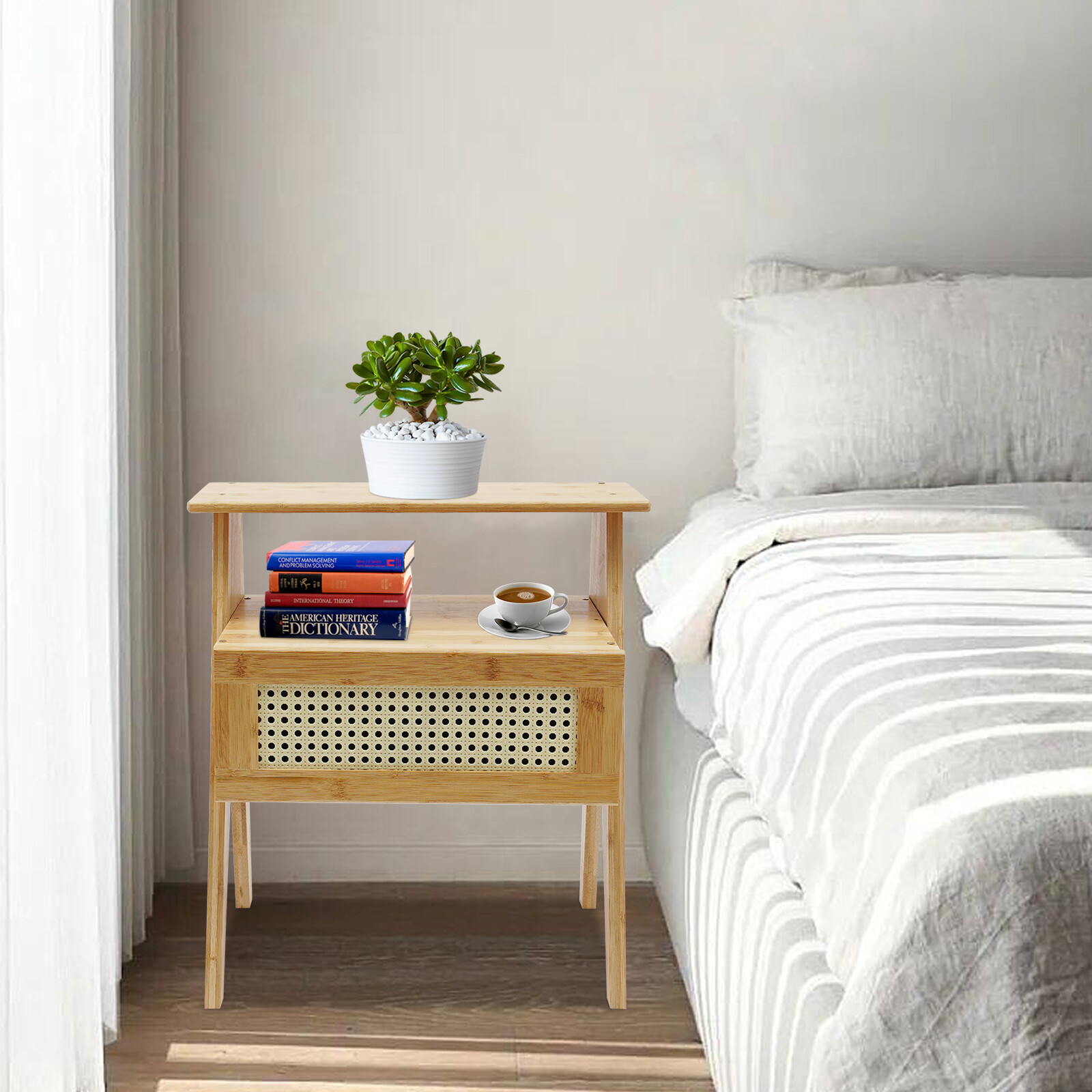 Bamboo Nightstand, End Table with Drawer, Bedside Table Sofa Side for Bedroom