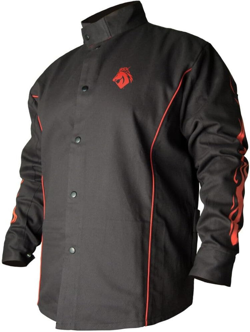 BX9C Black W/Red Flames Cotton Welding Jacket - XL