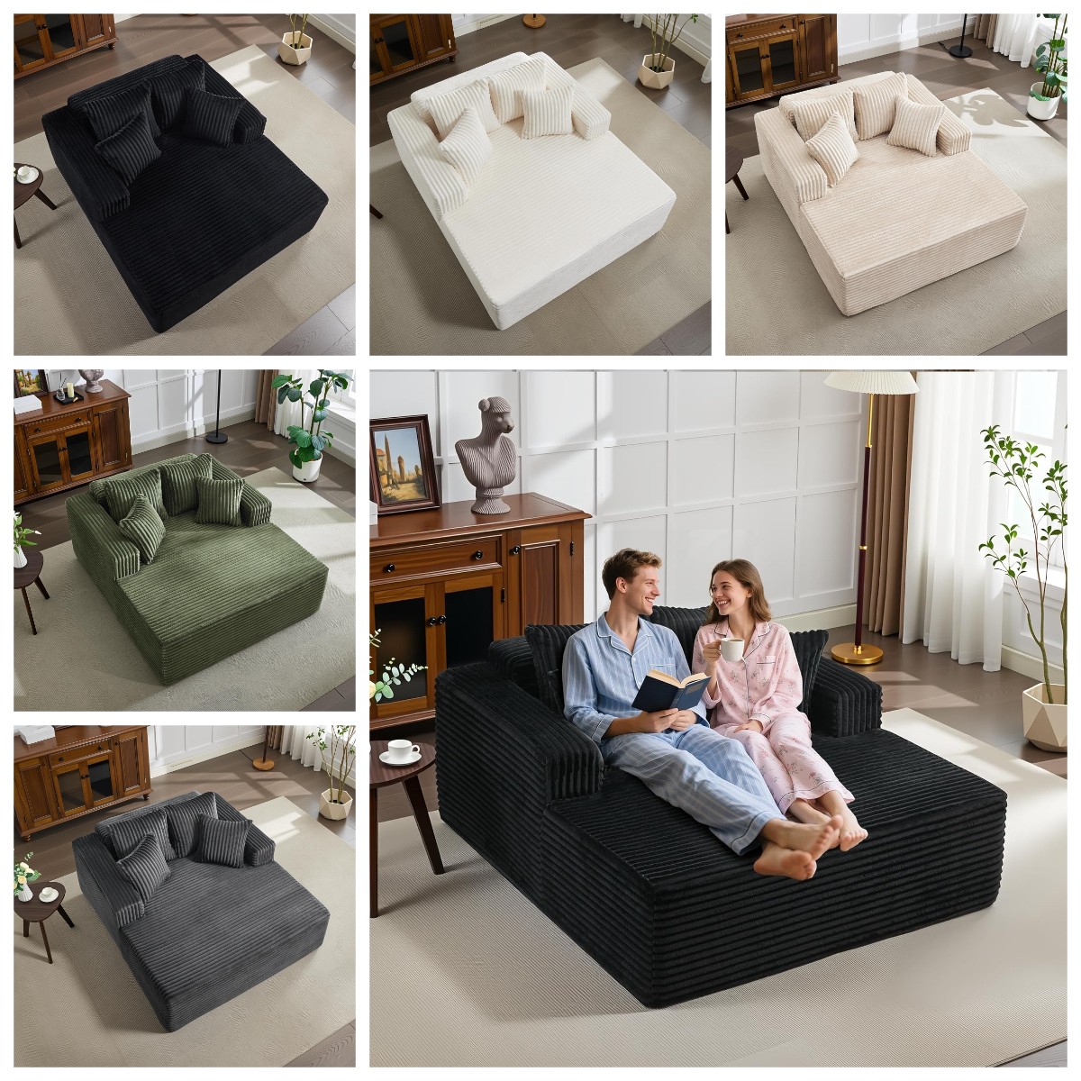 54x61" Oversized Chaise Lounge Sofa Bed, Corduroy Sleeper w/ Pillows No Assembly