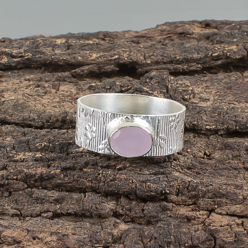 Rose Chalcedony Sterling Silver Promise Bezel Set Statement Unique New Band Ring