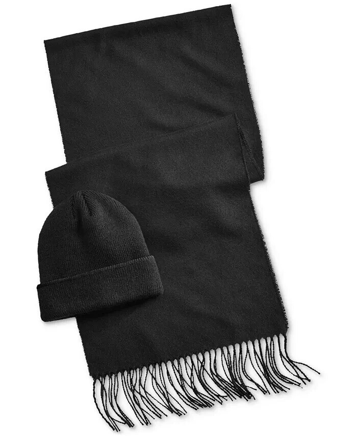 Club Room  2-Piece Solid Scarf & Tipped Beanie Set, Black, Onesize