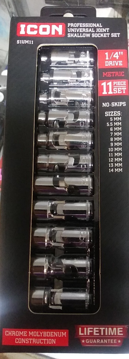Icon 1/4"drive Metric 11 Piece Set Universal Joint Shallow Socket. S1um11