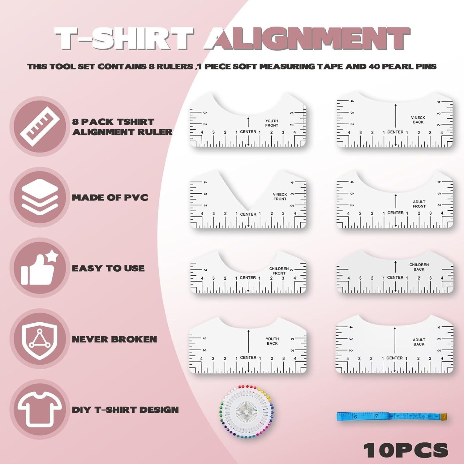 Tshirt Ruler Guide Vinyl Alignment, Transparent V-Neck/Round PVC Ruler for Align