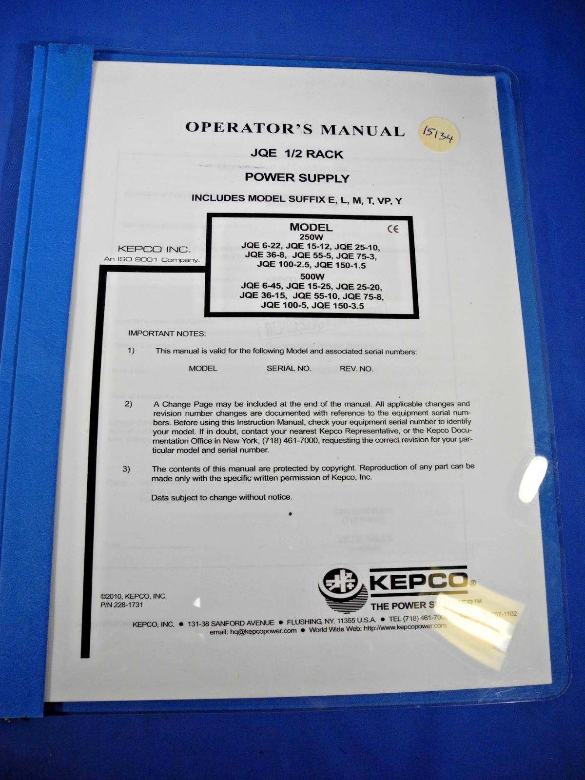 Kepco Power Supply JQE 1/2 Rack Instruction Manual