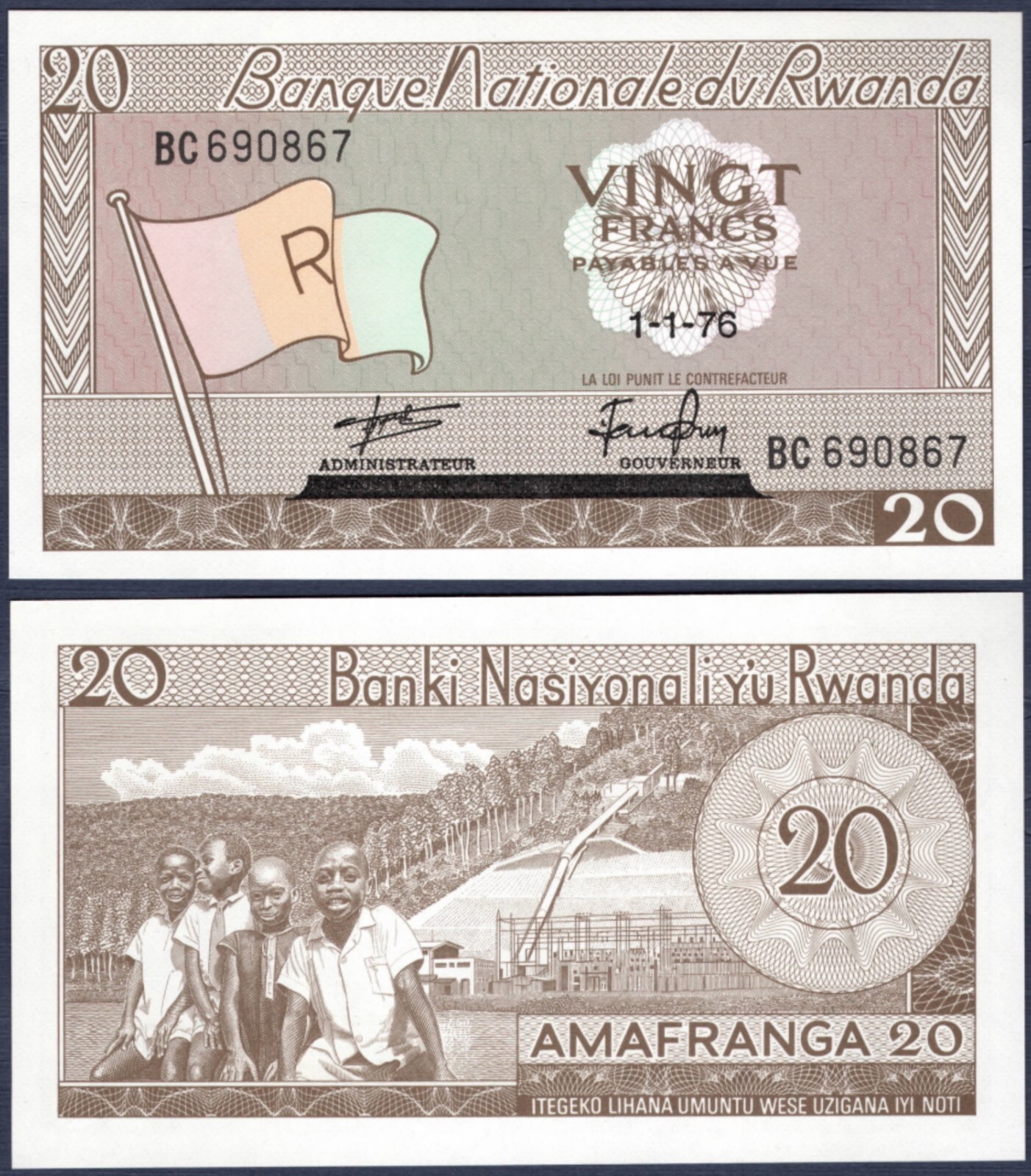 RWANDA 🇷🇼 P6e* 20 FRANCS* ND 01/01/1976* UNC GEM* USA SELLER