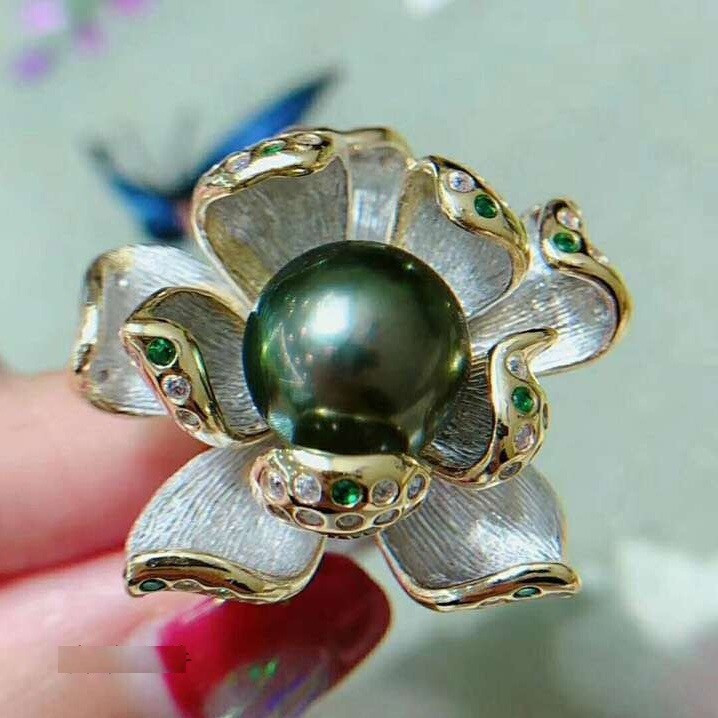 Gorgeous Huge AAAAA 9-10mm  Natural South Sea Black Green  Round Pearl Ring 925S