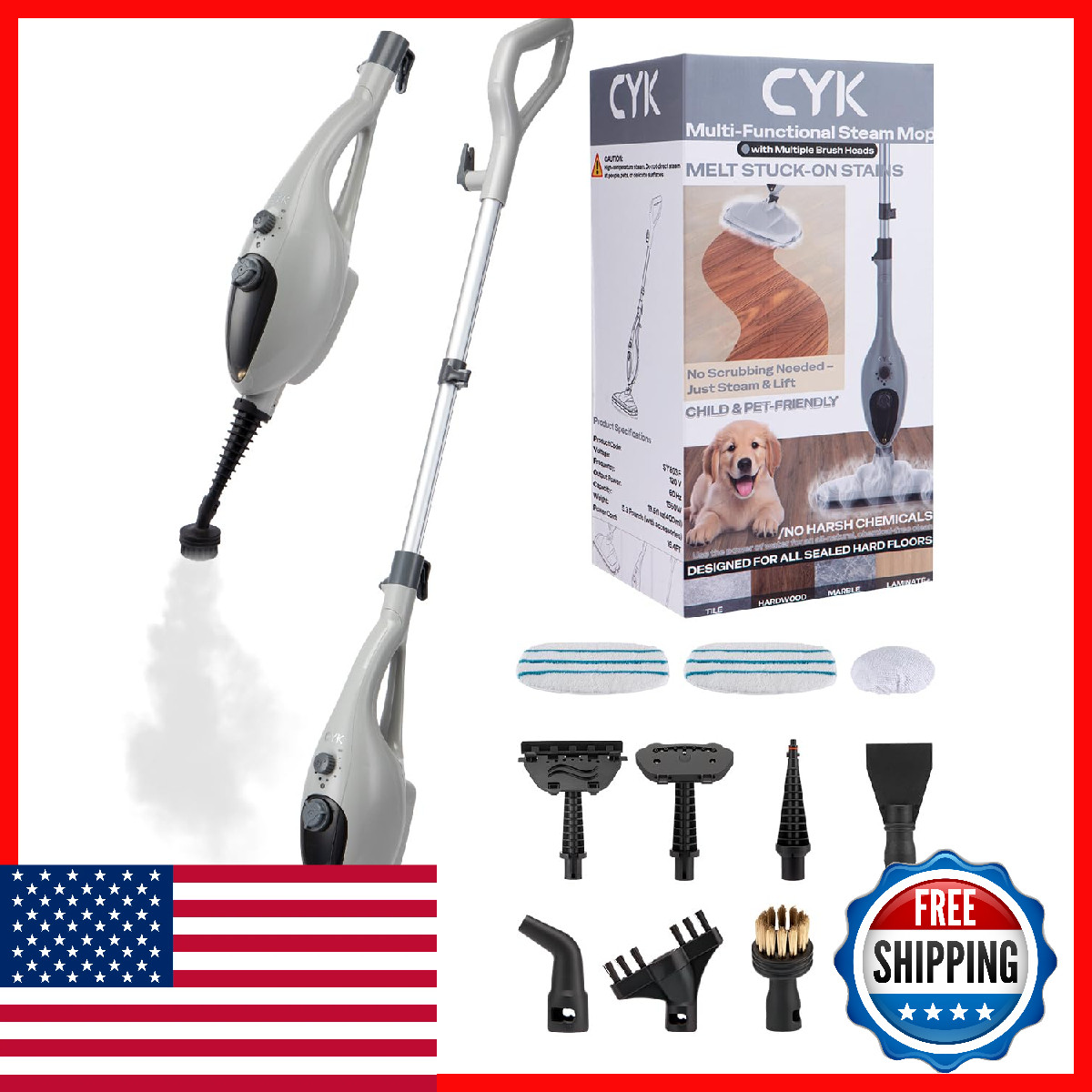 CYK 12-in-1 Steam Mop & Handheld Cleaner for Hardwood & Tile Floors Grey