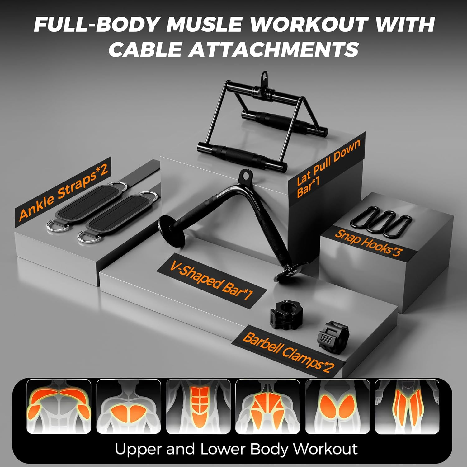 Cable Attachments for Gym, Heavy-Duty Cable Machine Attachment Set with LAT Pull