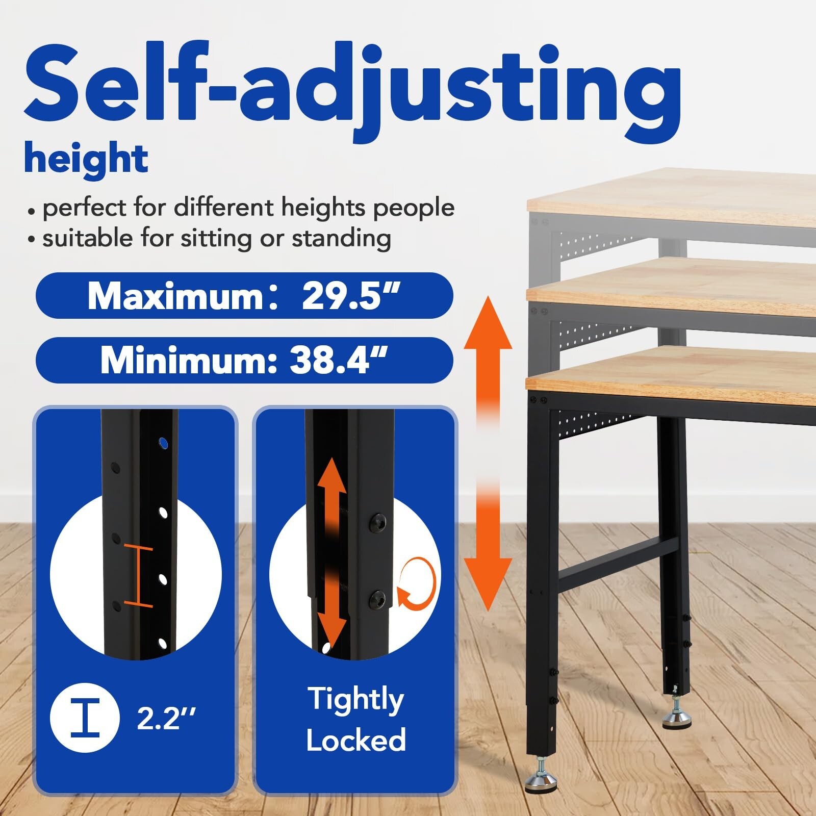 Adjustable Workbench 60"x20" 2000lbs Load Capacity Height Adjustable 29.5"-38.4"