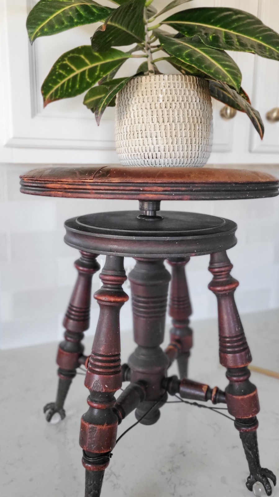 Antique H Holtzman & Son Piano Organ Stool Glass Ball Claw Feet, Plant Stand
