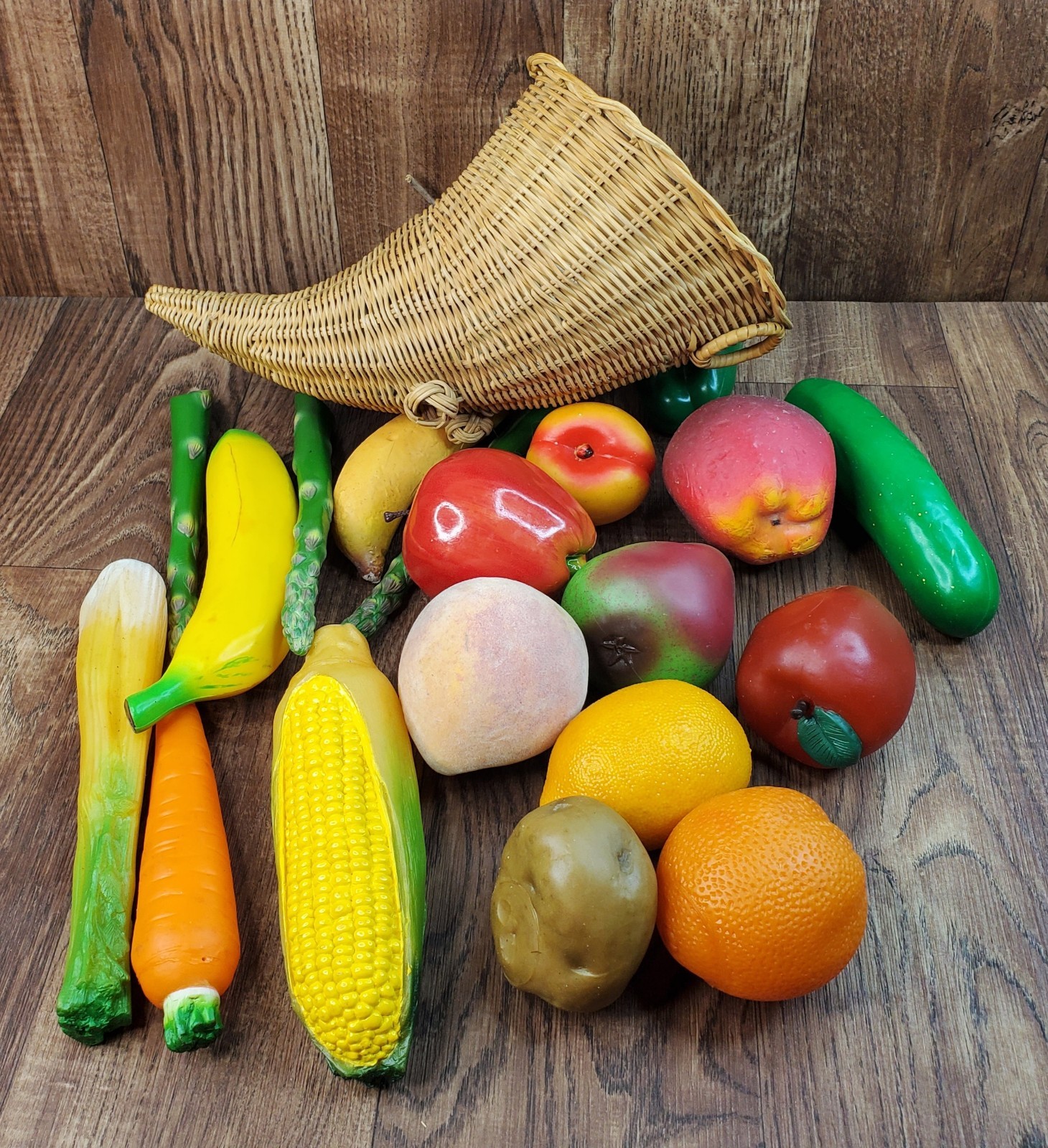 Cornucopia in Wicker Basket with Artificial Pretend Food