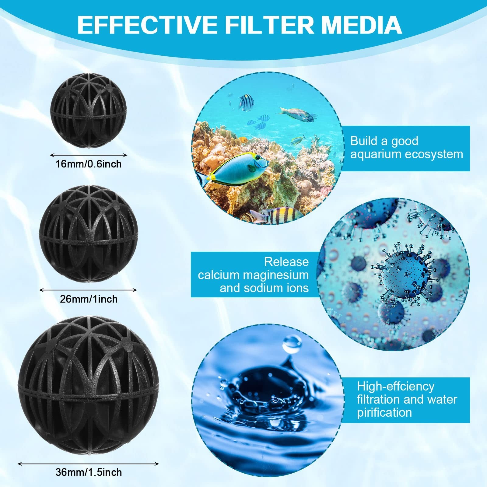 Cunno 200 Pcs Bio Balls Pond Filter Media Black Aquarium Bio Media with Spong...